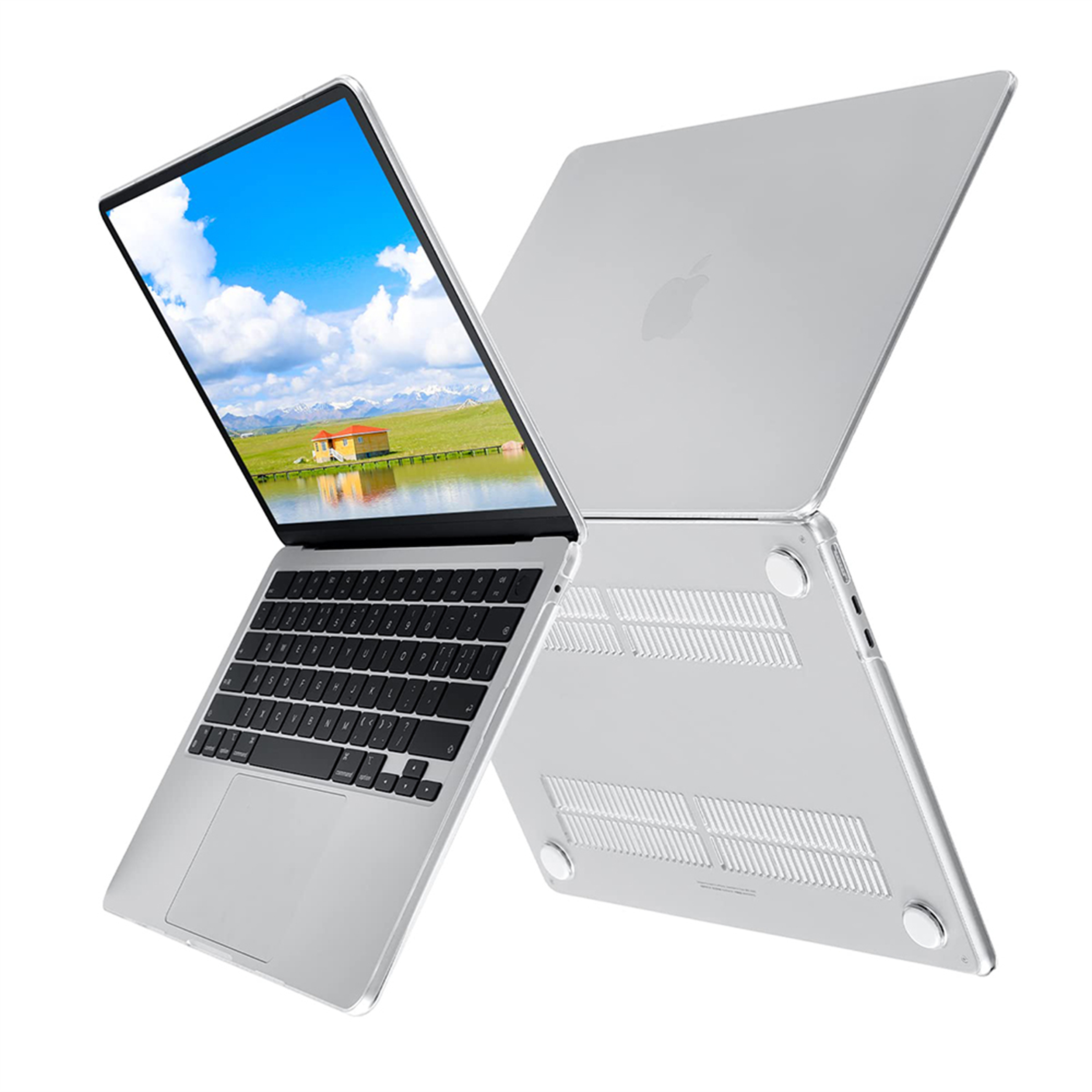 Silberner Laptop mit einer transparenten Hülle, der eine Landschaft auf dem Bildschirm anzeigt, mit einer weiteren Hülle dahinter.