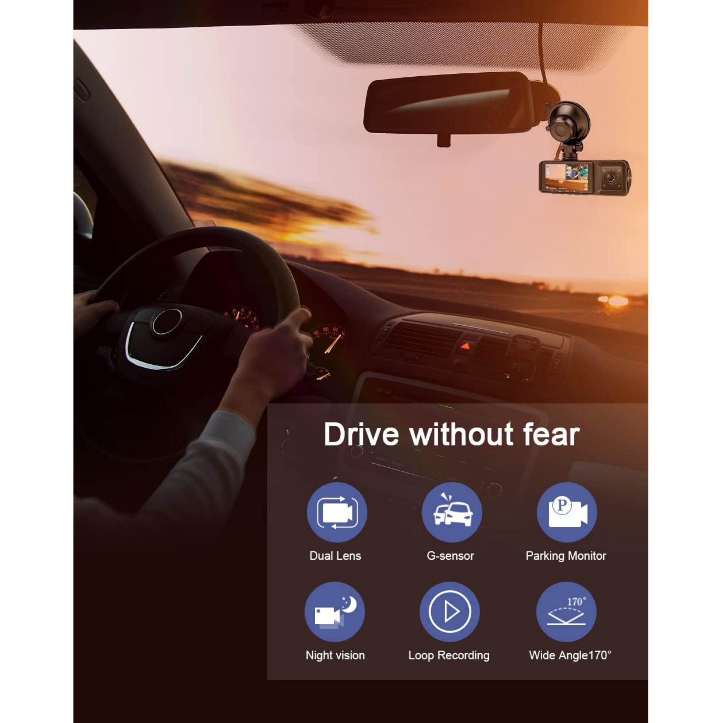 Dashboard-Kameraansicht der Straße und Fahrerhände am Lenkrad zur Förderung des sicheren Fahrens.
