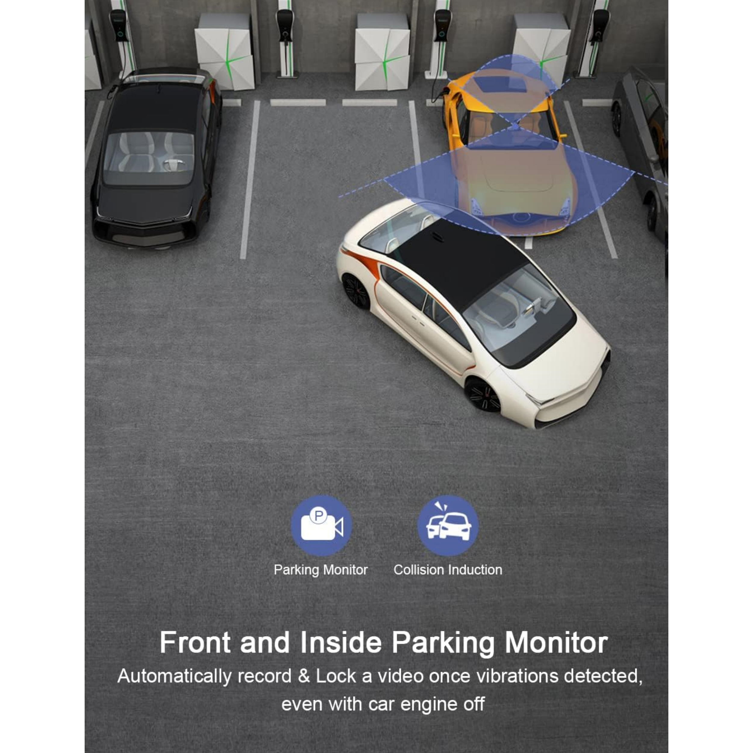 Parkmonitor, der mehrere Autos auf einem Parkplatz zeigt und Sicherheit und Überwachung anzeigt.