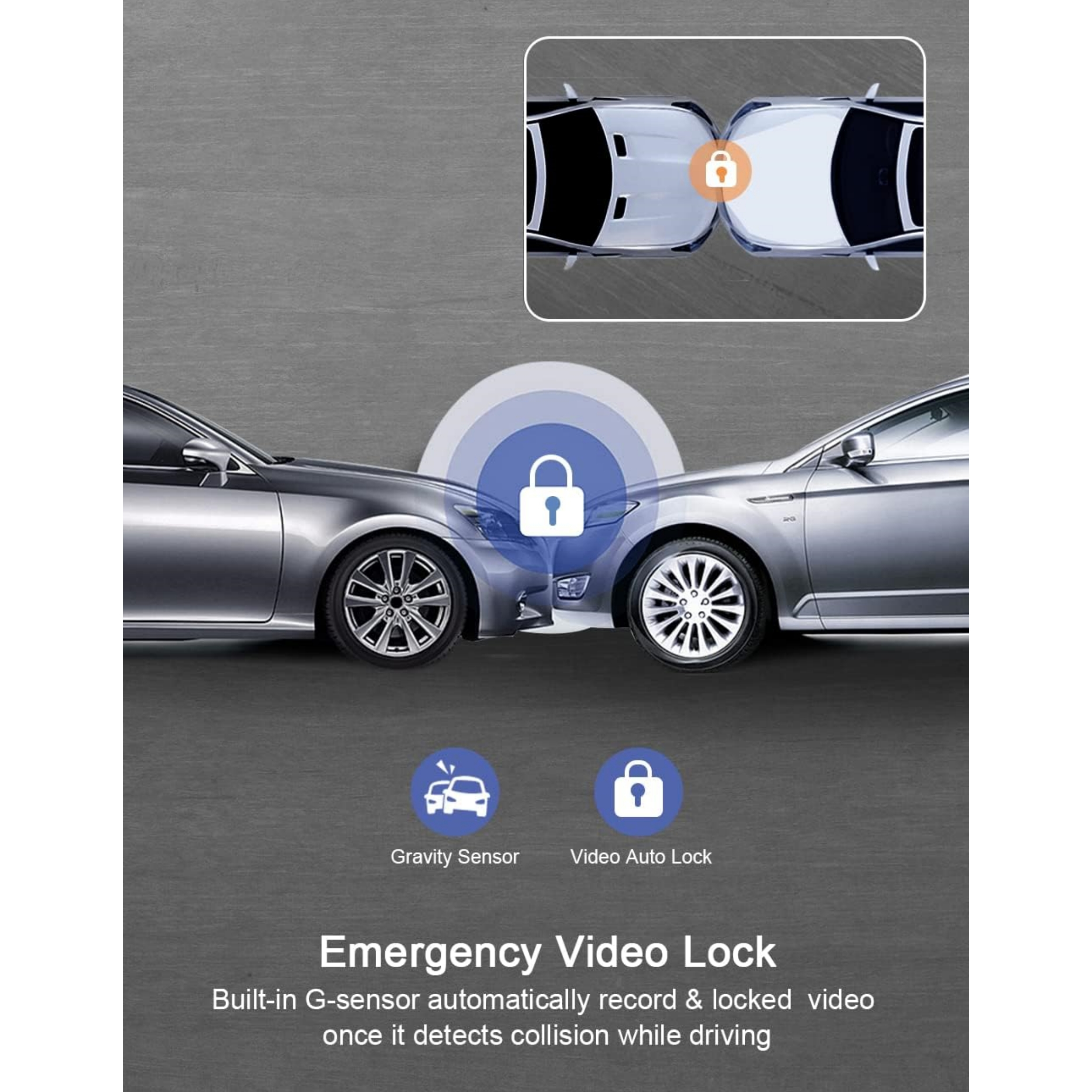 Autokollisionsszene mit hervorgehobenen Schwerkraftsensor- und Video-Auto-Lock-Funktionen für Sicherheit.