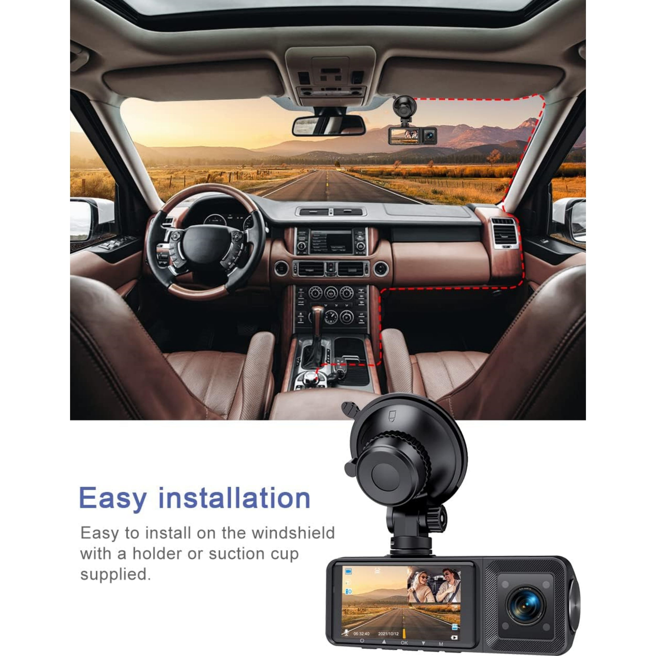 Innenansicht des Autos mit installierter Armaturenbrettkamera, die eine einfache Installation und Überwachung fördert.