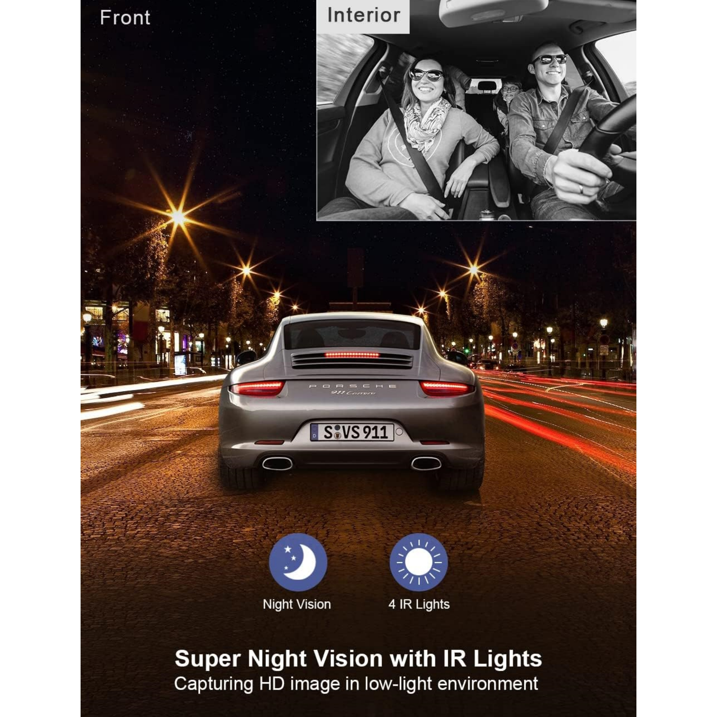Autokamera mit Nachtsicht und IR-Leuchten, die klare Bilder bei schlechten Lichtverhältnissen aufnimmt.