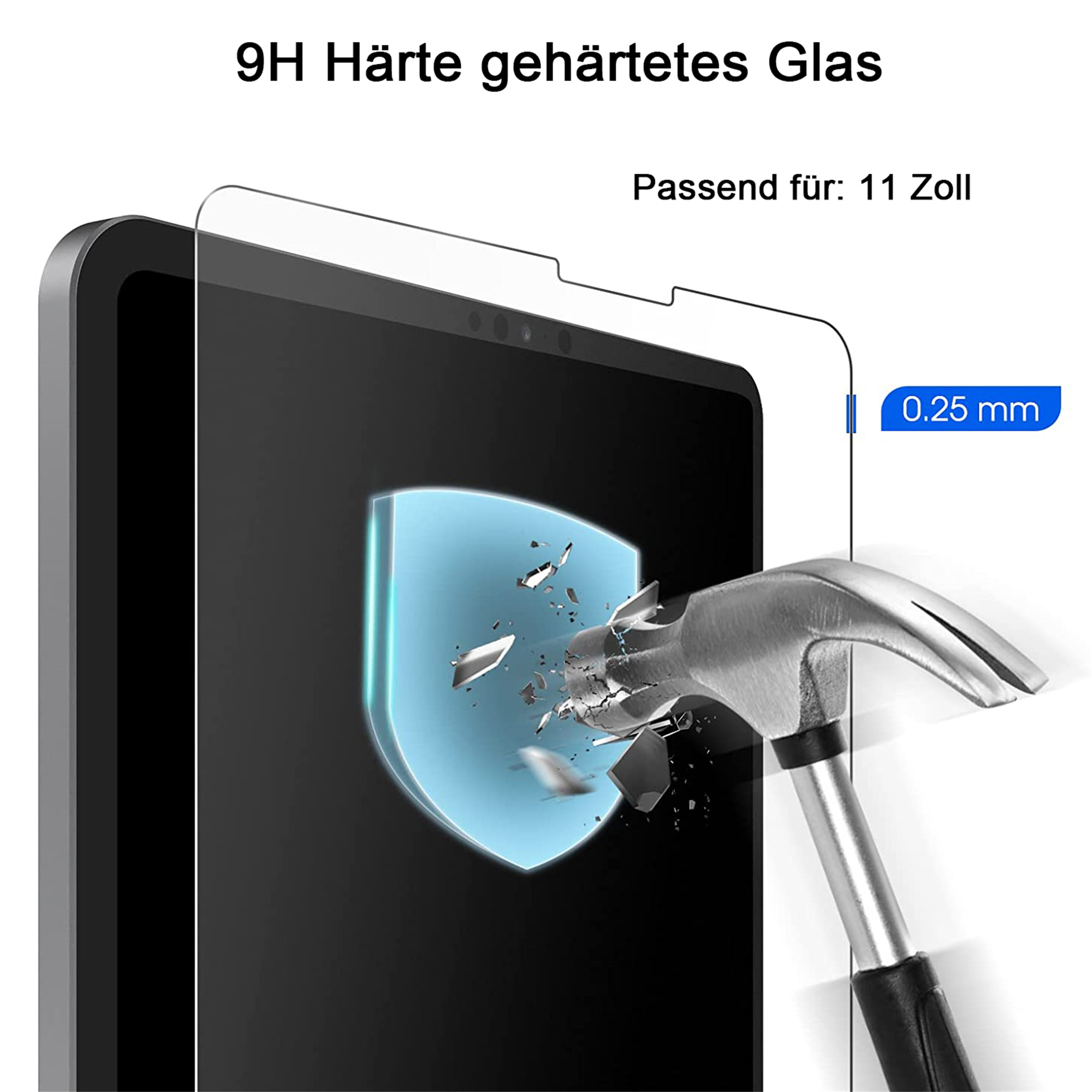 Tablett-Displayschutzfolie, die von einem Hammer getroffen wird und ihre 9H-Härte und Haltbarkeit demonstriert.