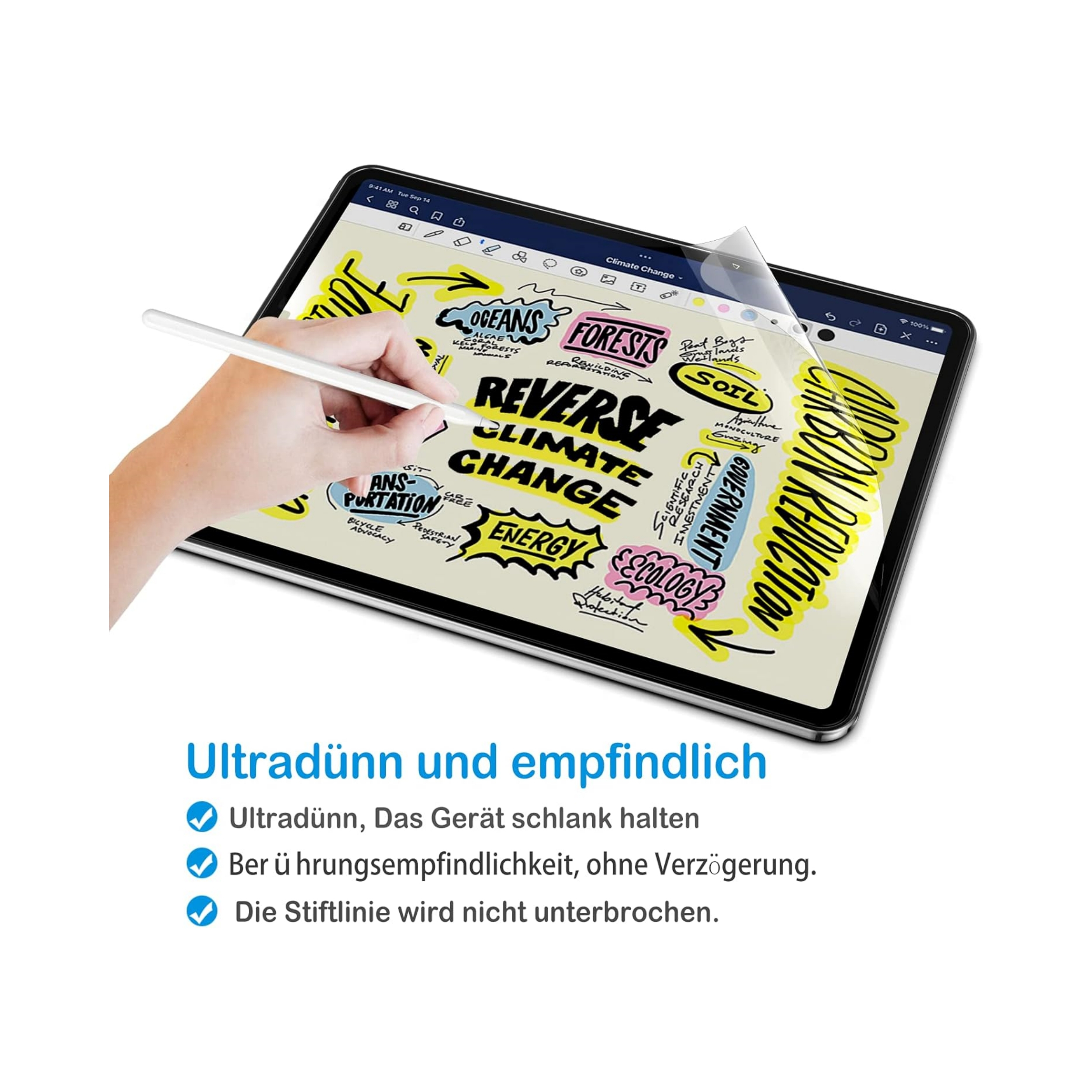 Hand, die mit einem Stift auf einen Tablet-Bildschirm zeichnet und die Empfindlichkeit und Dünne des Tablets demonstriert.