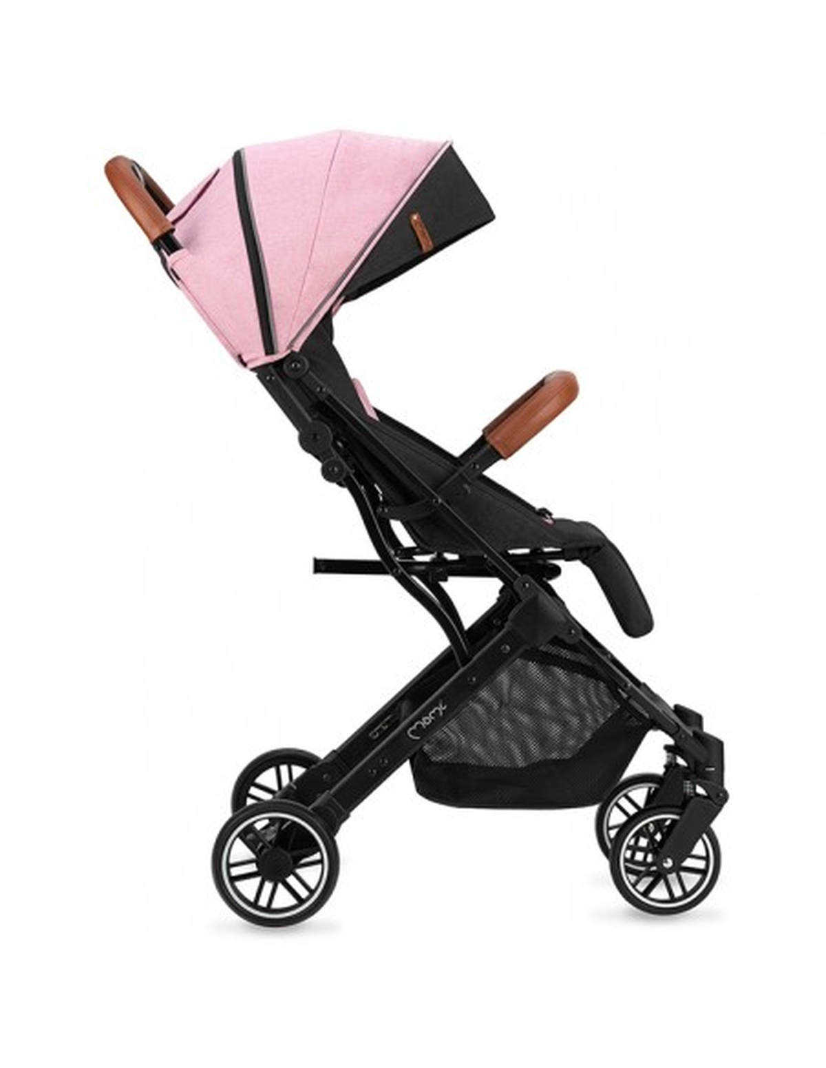 Rosa-schwarzer Kinderwagen mit braunem Griff, der seine Funktionen vor einem weißen Hintergrund zeigt.