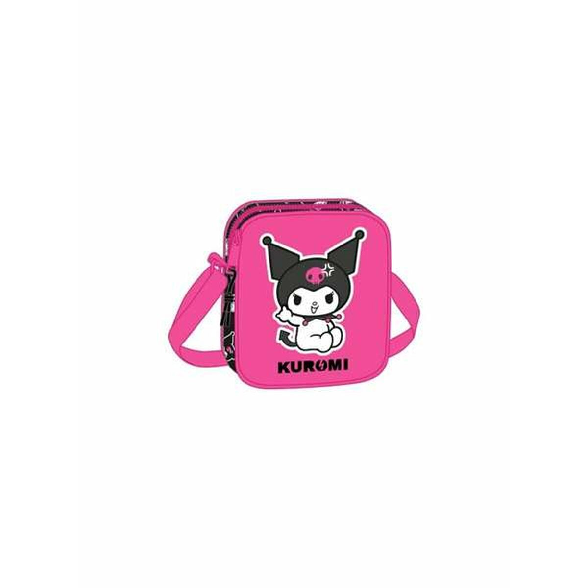 Una bandolera rosa de Kuromi con un gráfico en blanco y negro sobre un fondo blanco.
