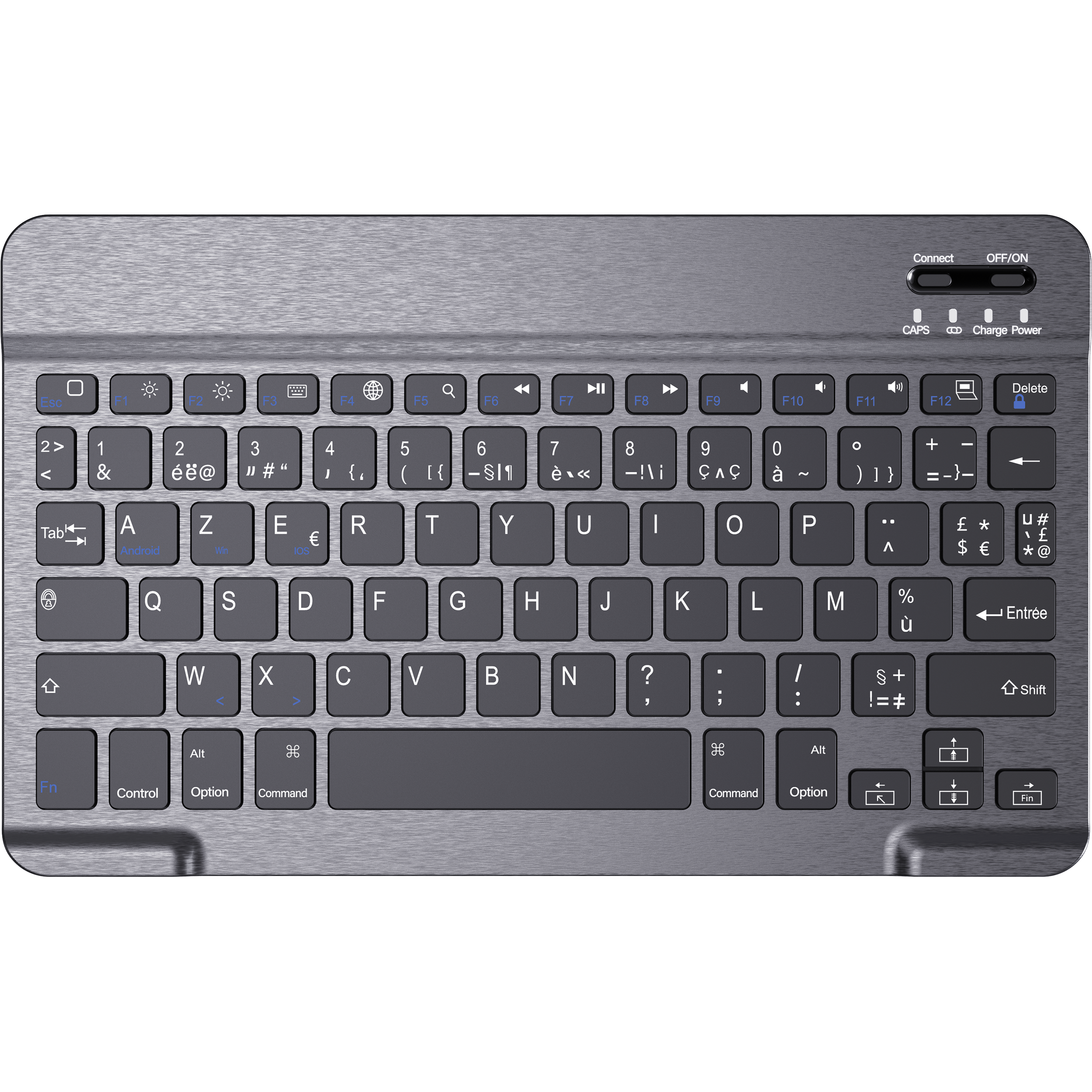 Eine graue Tastatur mit schwarzen Tasten und blauer Beschriftung wird auf einem grauen Metallhintergrund angezeigt.
