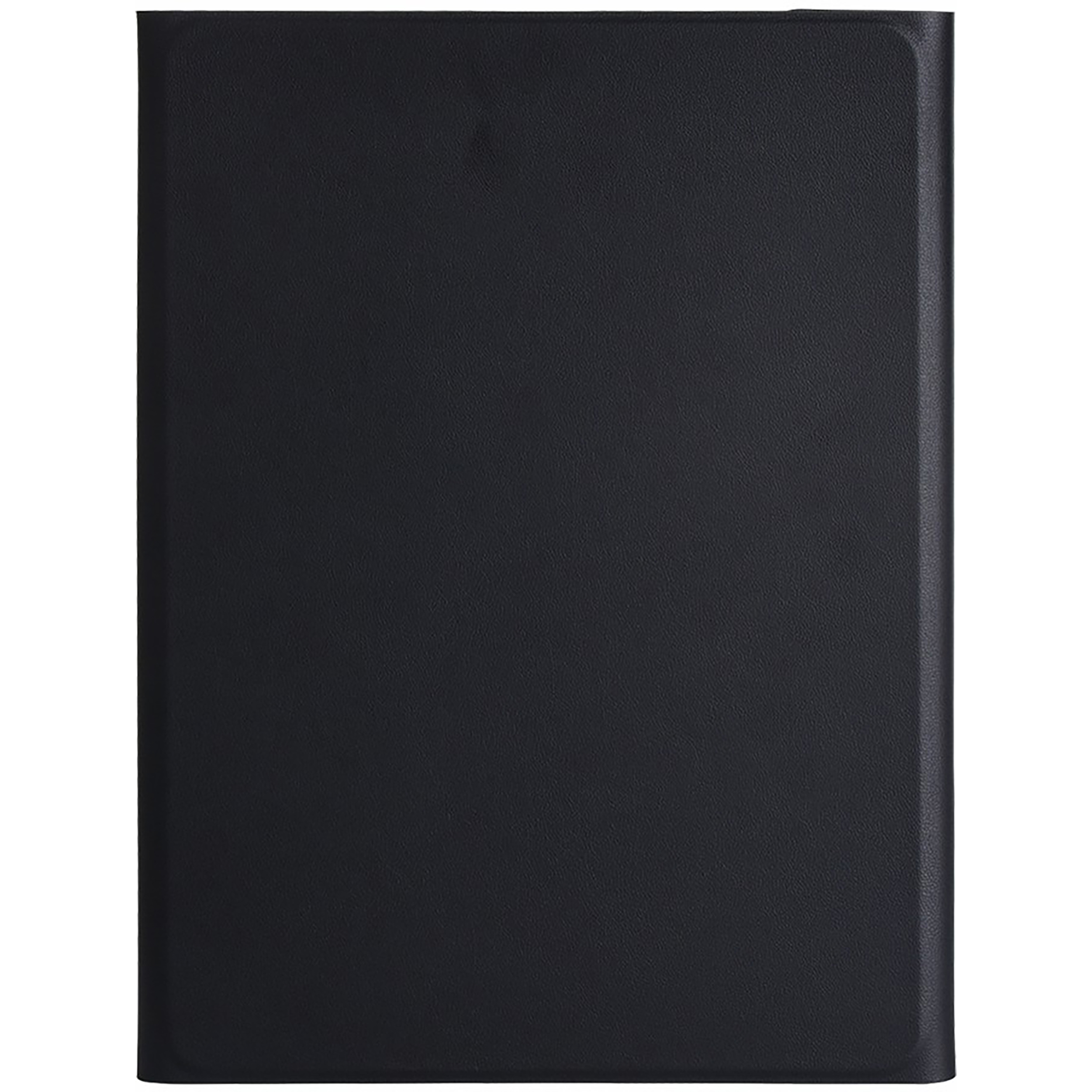 Eine geschlossene schwarze Tablet-Hülle wird auf einem weißen Hintergrund angezeigt, die ihre strukturierte Oberfläche zeigt.