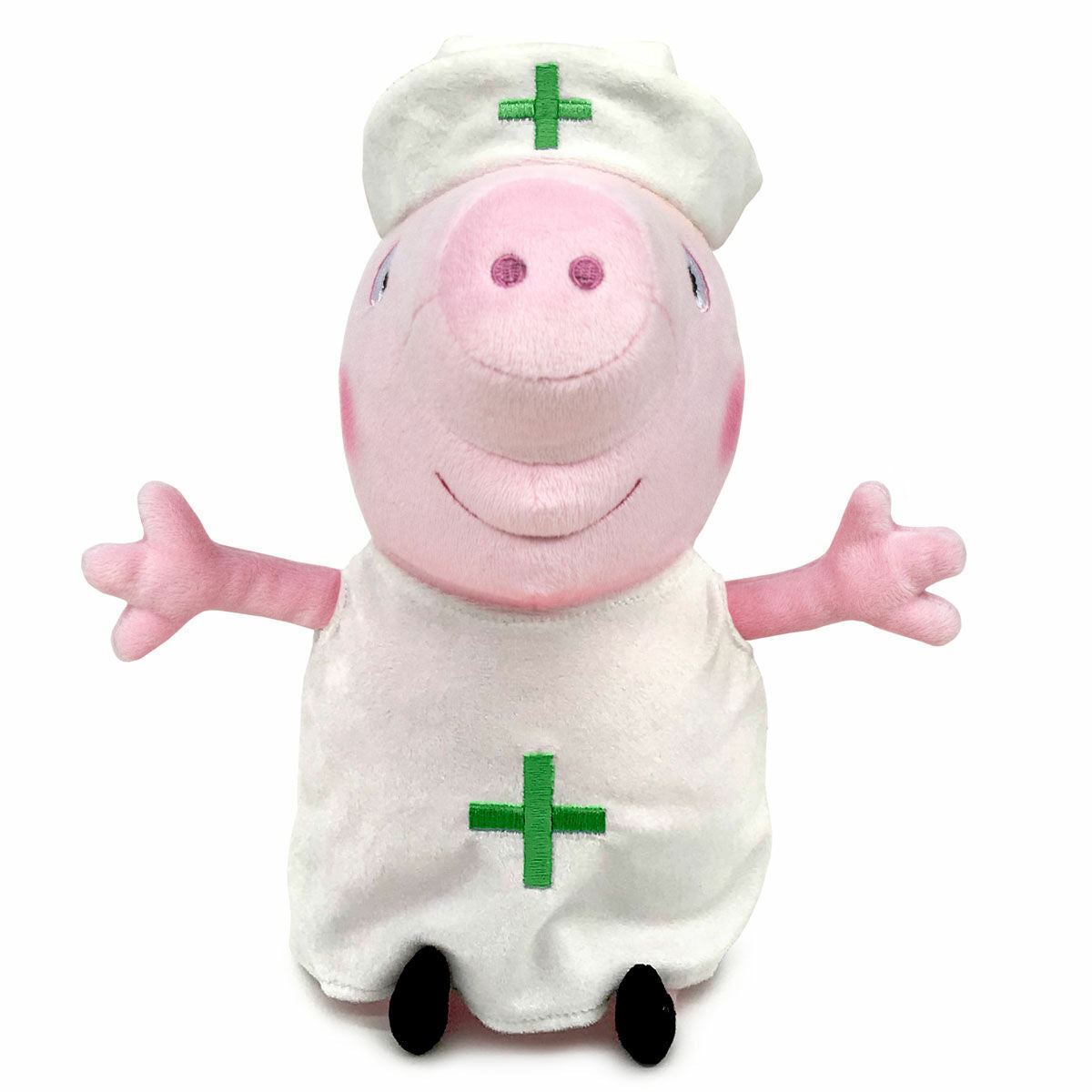 Un peluche de Peppa Pig vestida de enfermera, con un uniforme y un gorro blancos con una cruz verde.