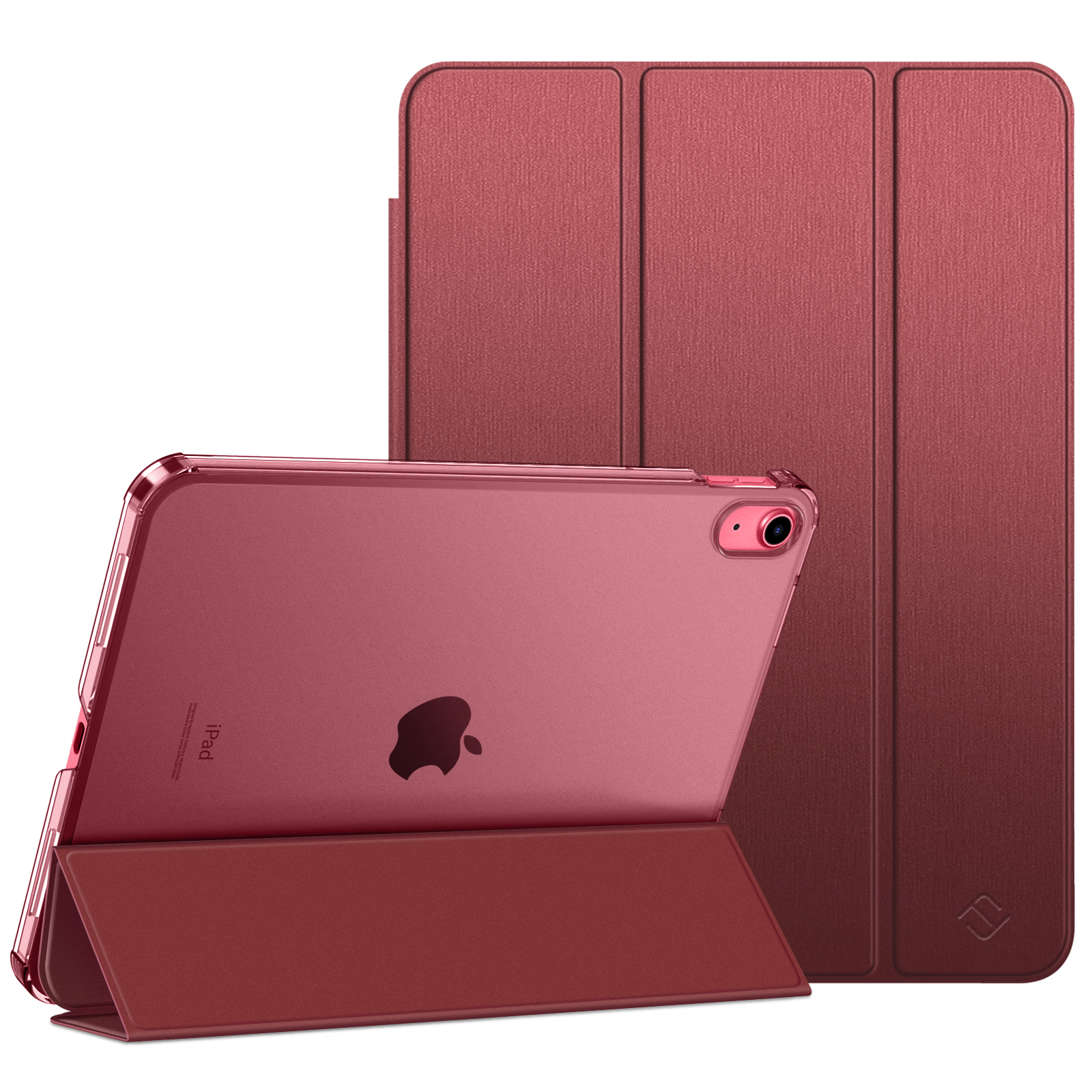 Eine kastanienbraune iPad-Hülle mit einem faltbaren Cover, die ein modernes und schlankes Design zeigt.
