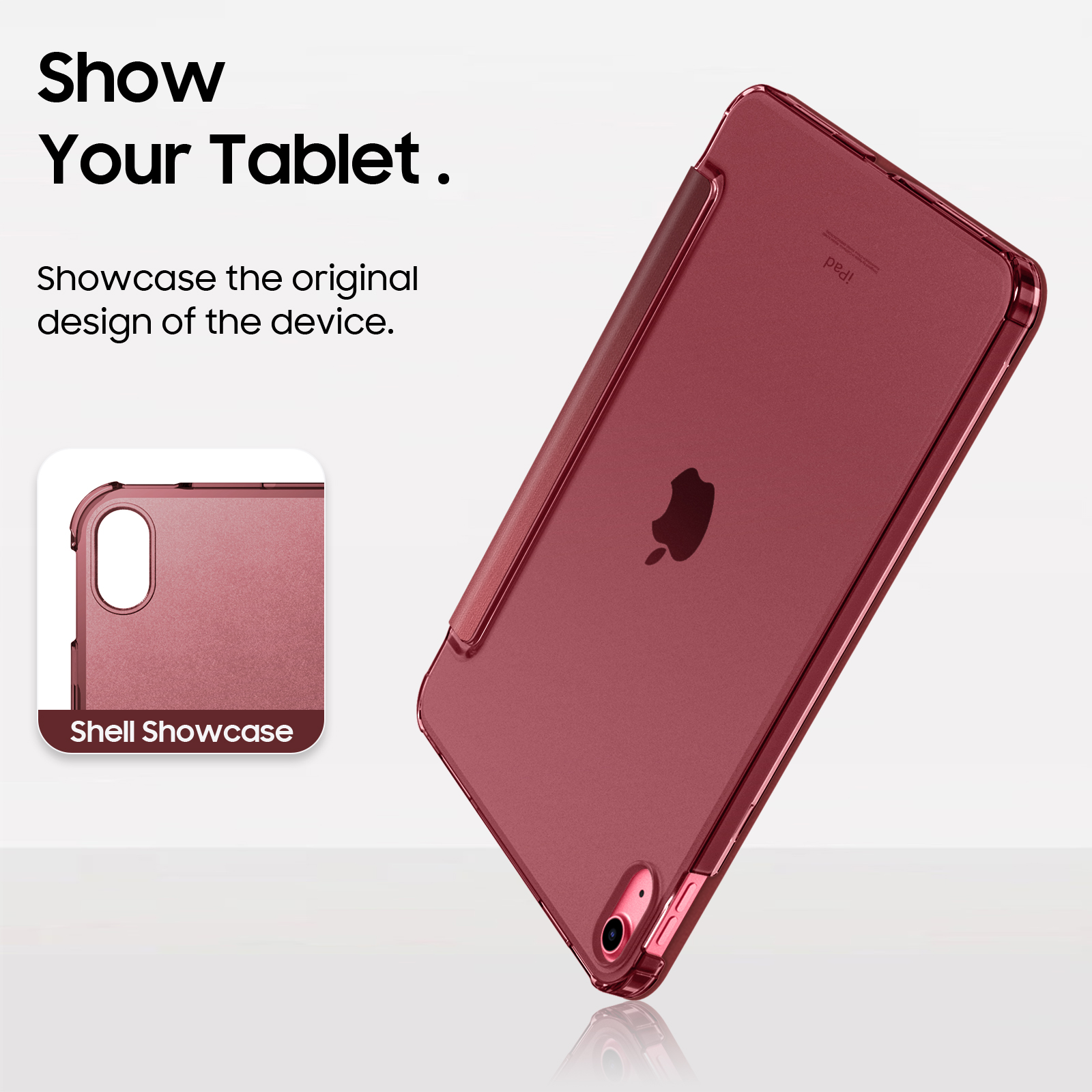 Ein kastanienbraunes iPad in einer transparenten Hülle, das sein Design mit einer faltbaren Abdeckung hervorhebt.