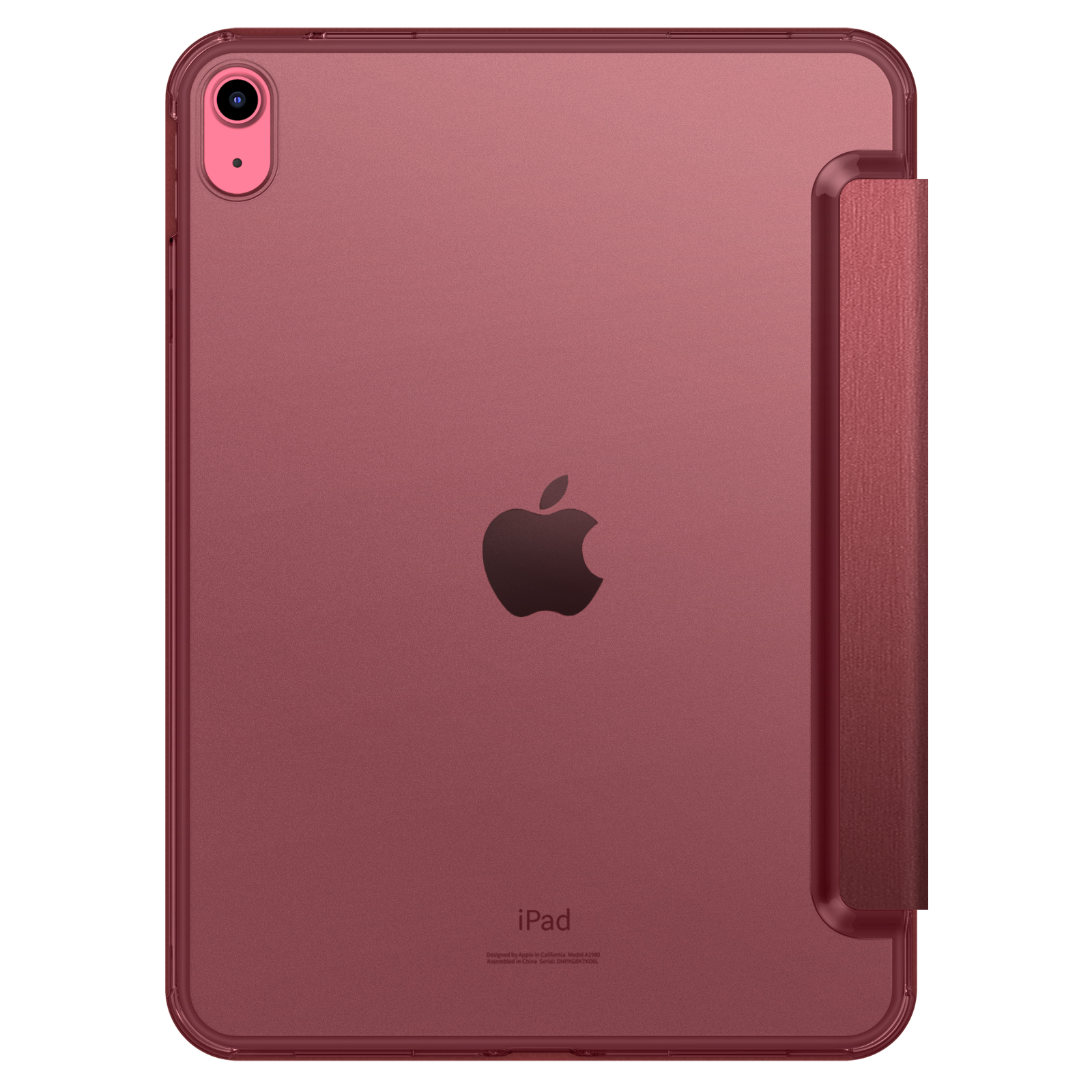 Ein kastanienbraunes iPad mit einer angebrachten faltbaren Abdeckung, das das Apple-Logo auf der Rückseite zeigt.