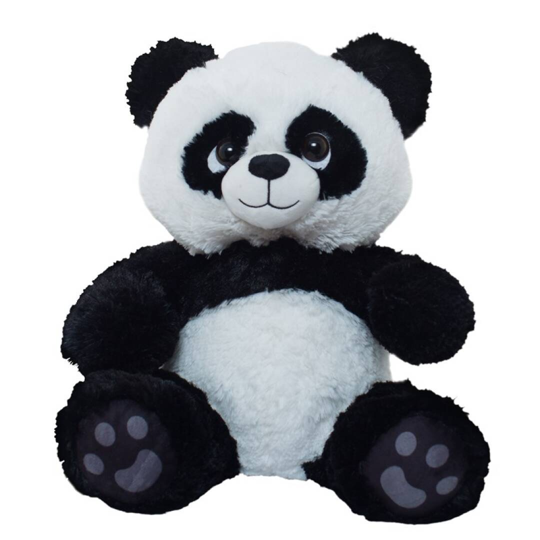 Ein Plüsch-Pandabär mit schwarzem und weißem Fell sitzt aufrecht vor einem schlichten weißen Hintergrund.