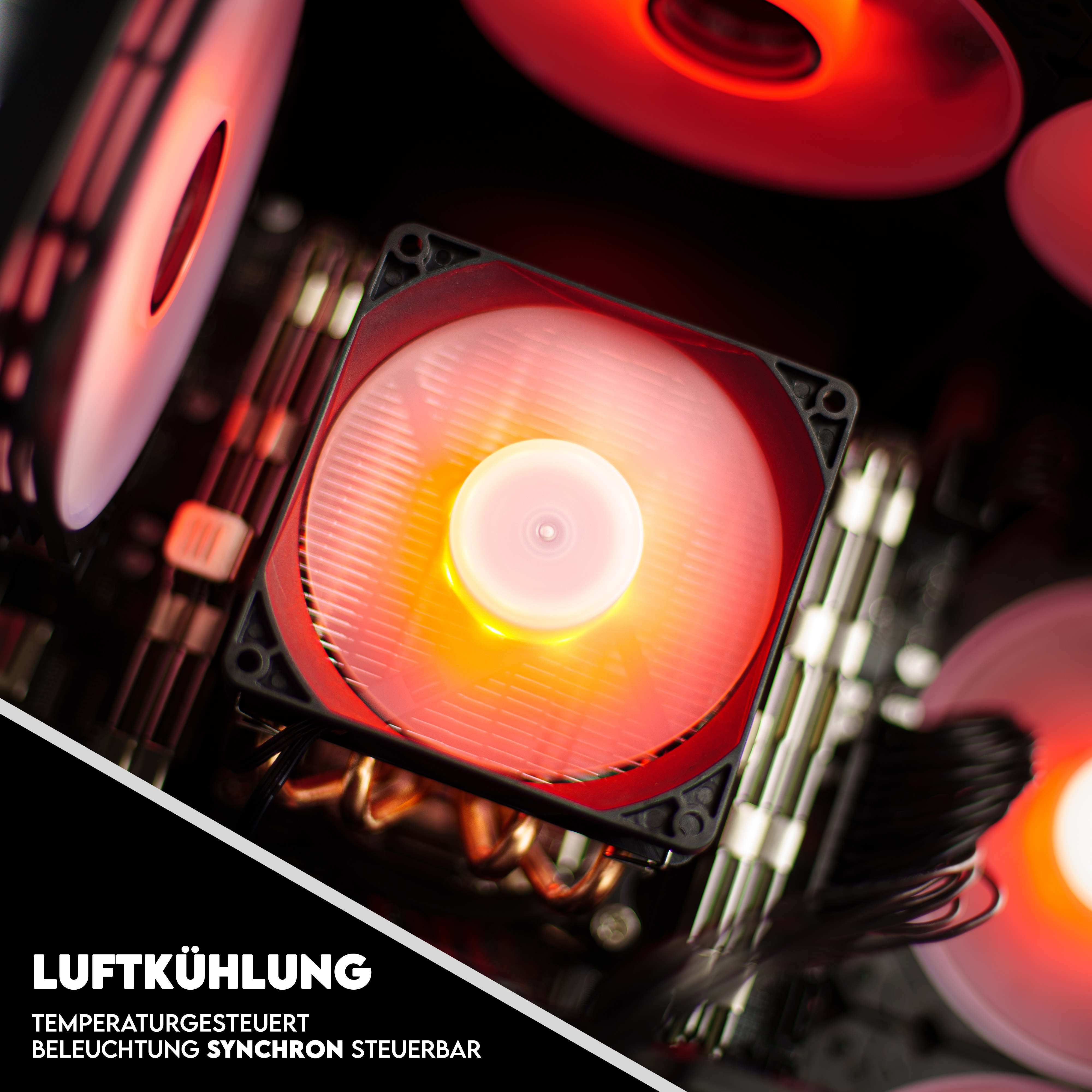 Ein PC-Lüfter leuchtet rot mit dem Text "LUFTKÜHLUNG" unten links.