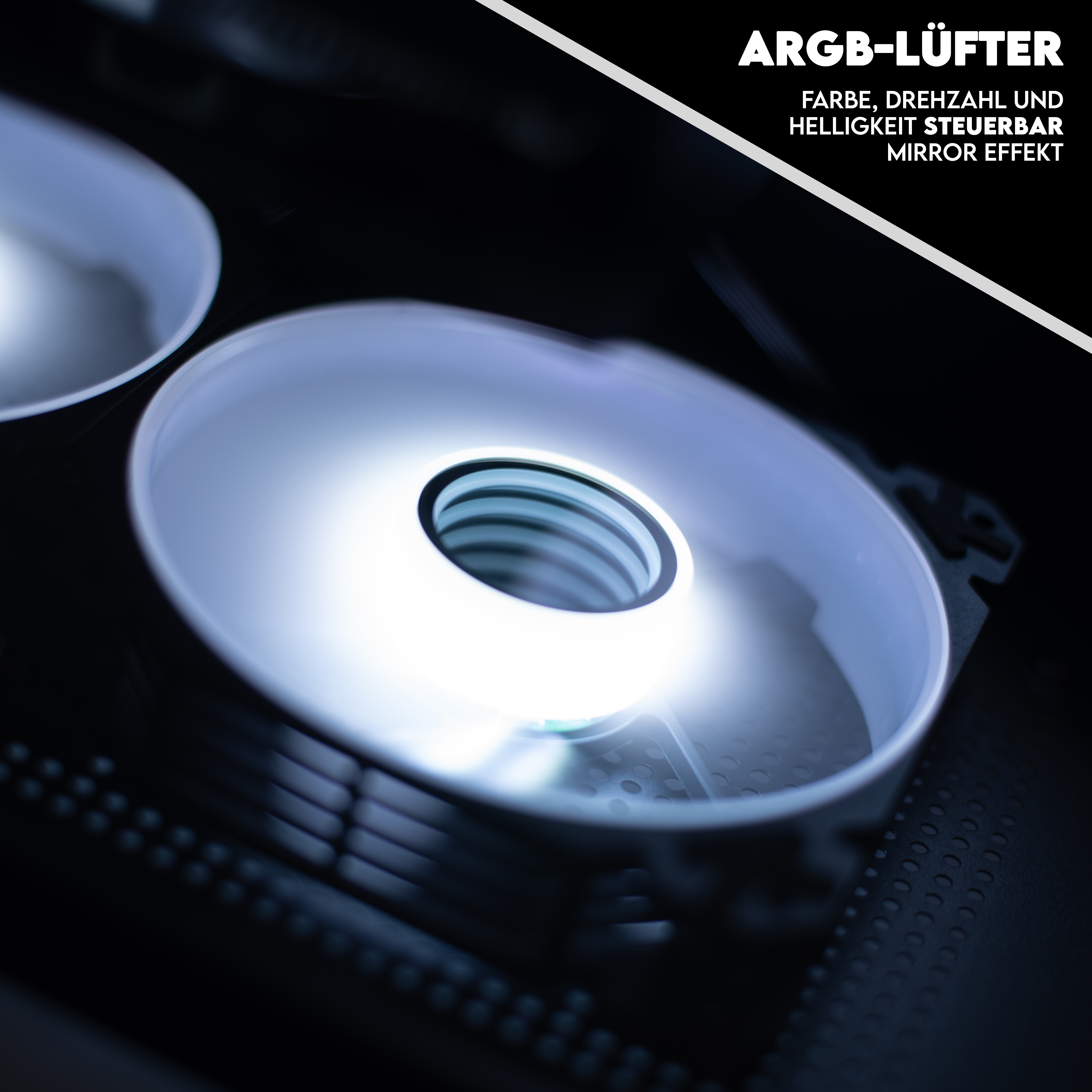 Ein weißer PC-Lüfter leuchtet mit dem Text "ARGB-LÜFTER" oben rechts.