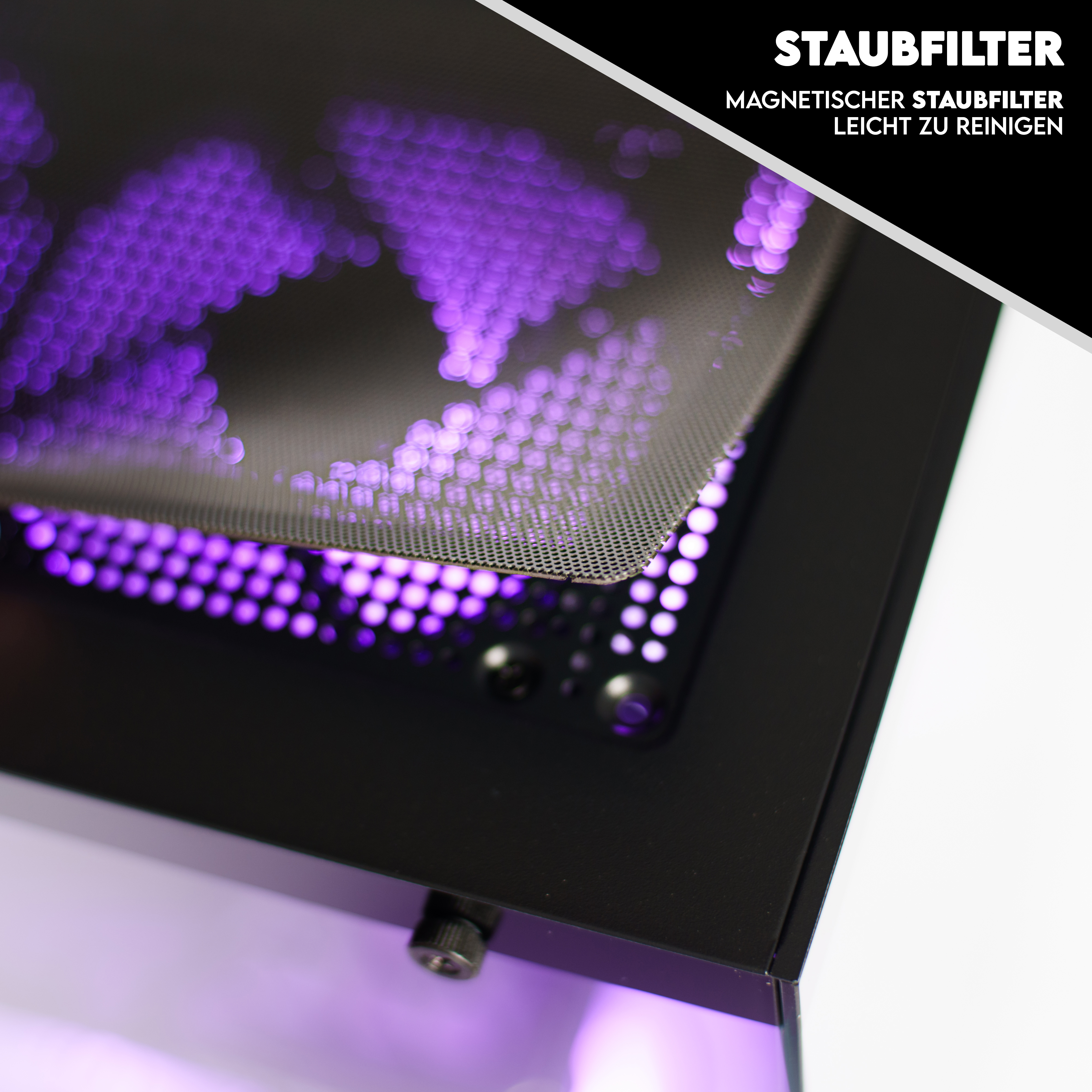 Eine Nahaufnahme eines PC-Staubfilters, wobei durch das Gitter lila Lichter sichtbar sind.