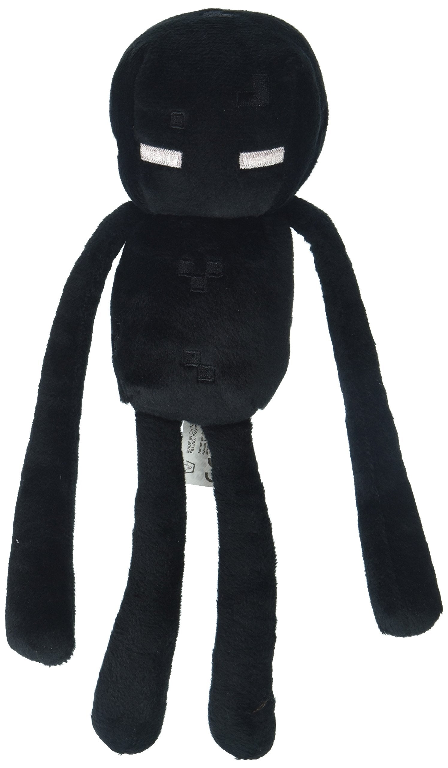 Schwarzes Enderman-Plüschtier mit langen Gliedmaßen und weißen Augen, das vor einem weißen Hintergrund steht.