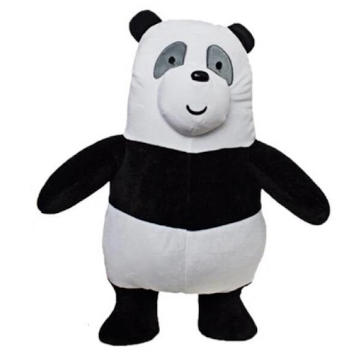 Ein stehendes Panda-Plüschtier mit schwarz-weißem Fell, einem lächelnden Gesicht und einem einfachen, cartoonartigen Design.