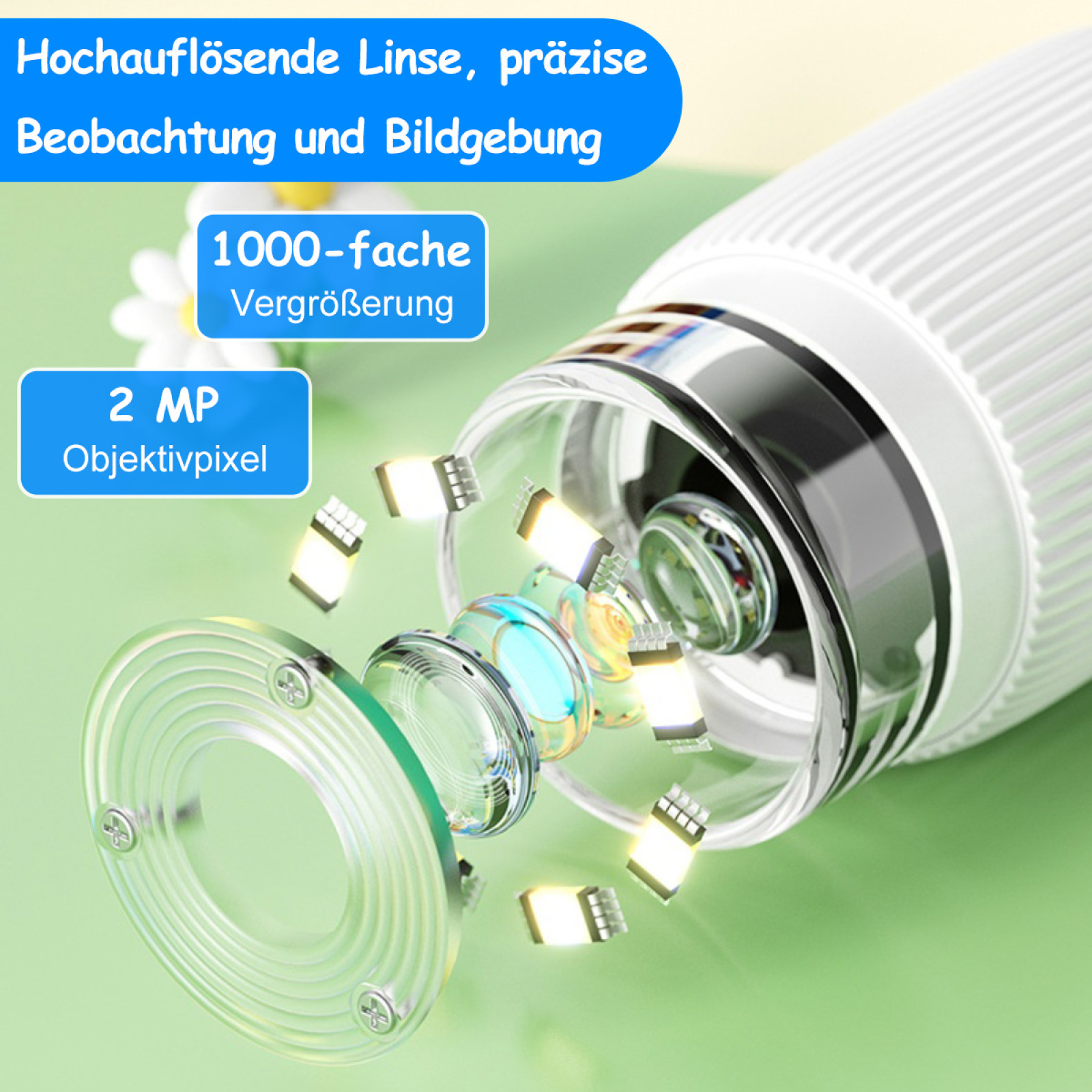 Nahaufnahme einer Handmikroskoplinse mit deutschem Text, der das Bild überlagert.