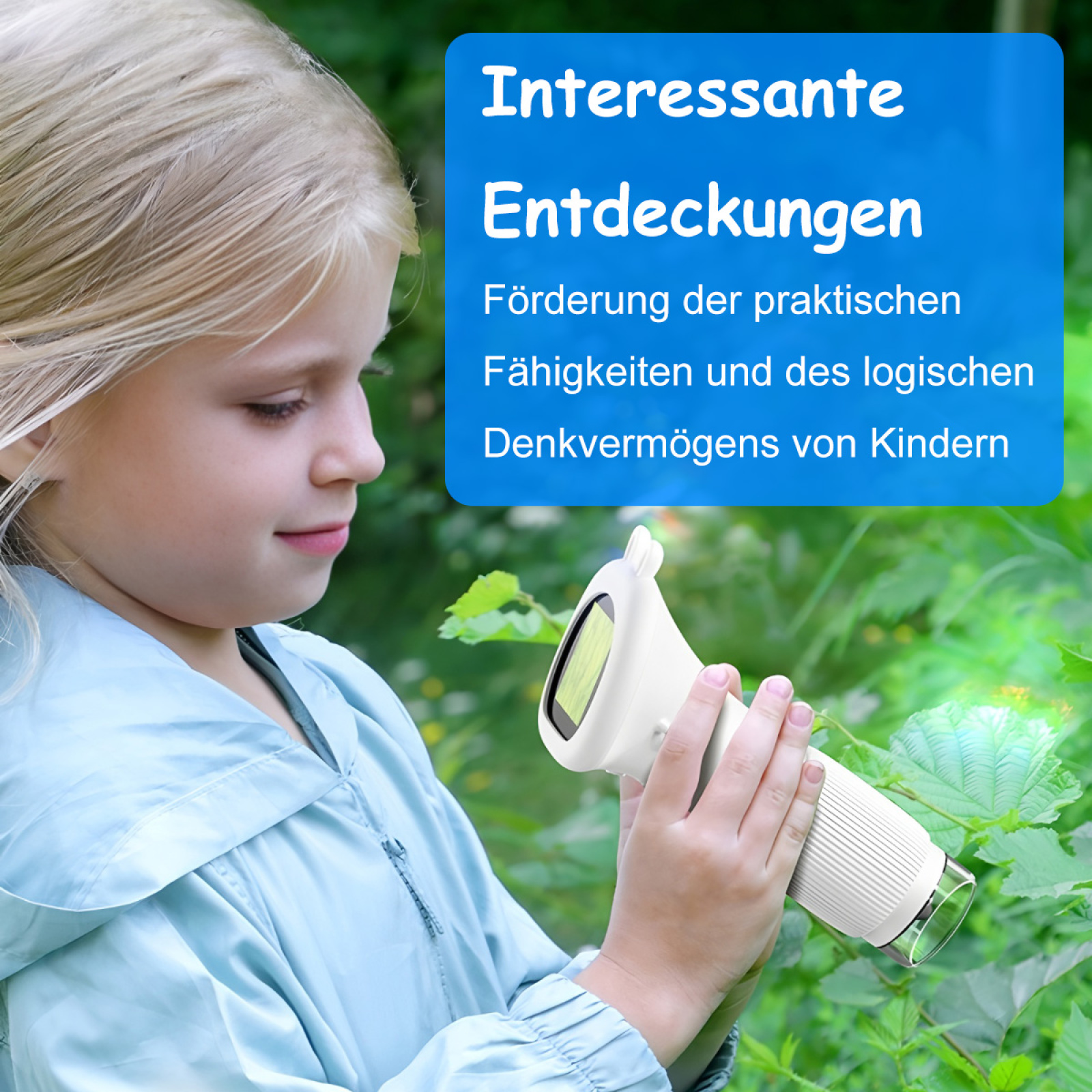 Ein Kind in einer Jacke hält ein Mikroskop in einer grünen Außenumgebung mit deutschem Text-Overlay.