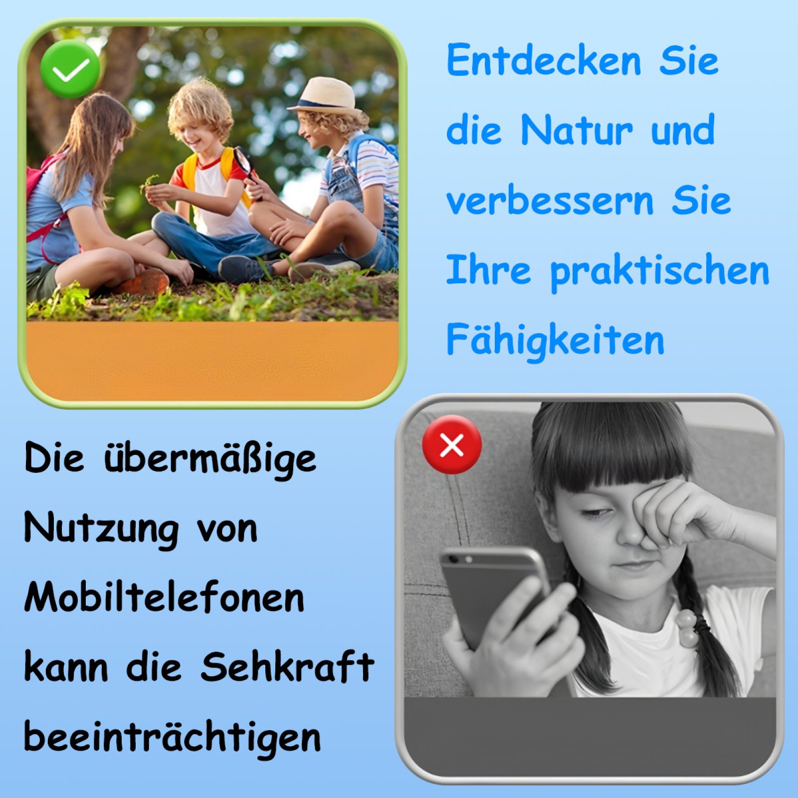 Ein geteiltes Bild kontrastiert Kinder, die die Natur erkunden, mit der Handynutzung und deutschem Text.