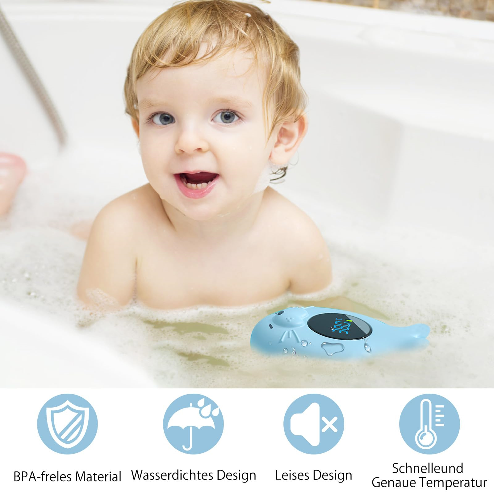 Ein Baby in einer Wanne mit einem seelöwenförmigen Thermometer, umgeben von Blasen und Produktmerkmalen.