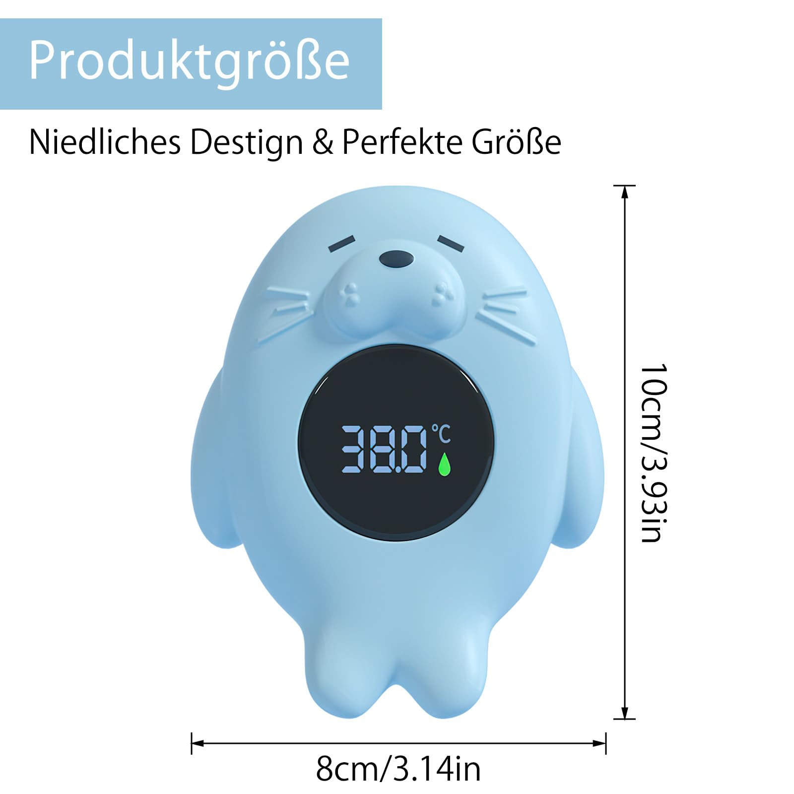 Ein hellblaues, seelöwenförmiges Thermometer, das eine Temperatur von 38,0 °C anzeigt, mit Produktabmessungen.