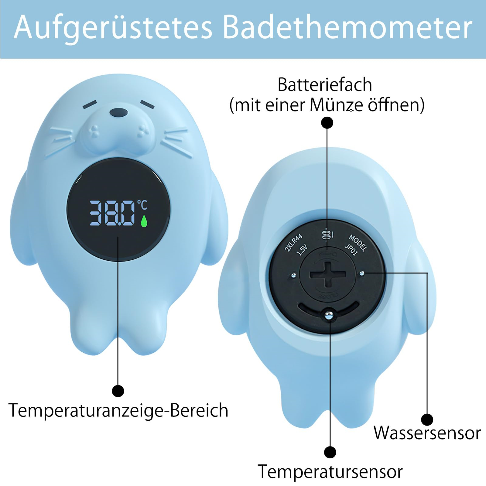 Vorder- und Rückansicht eines blauen, seelöwenförmigen Thermometers, das Temperatur- und Batterieinformationen anzeigt.
