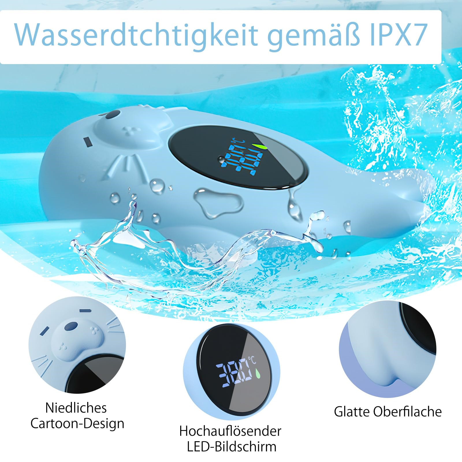Ein blaues, seelöwenförmiges Thermometer im Wasser, das sein wasserdichtes Design und die LED-Anzeigefunktionen hervorhebt.