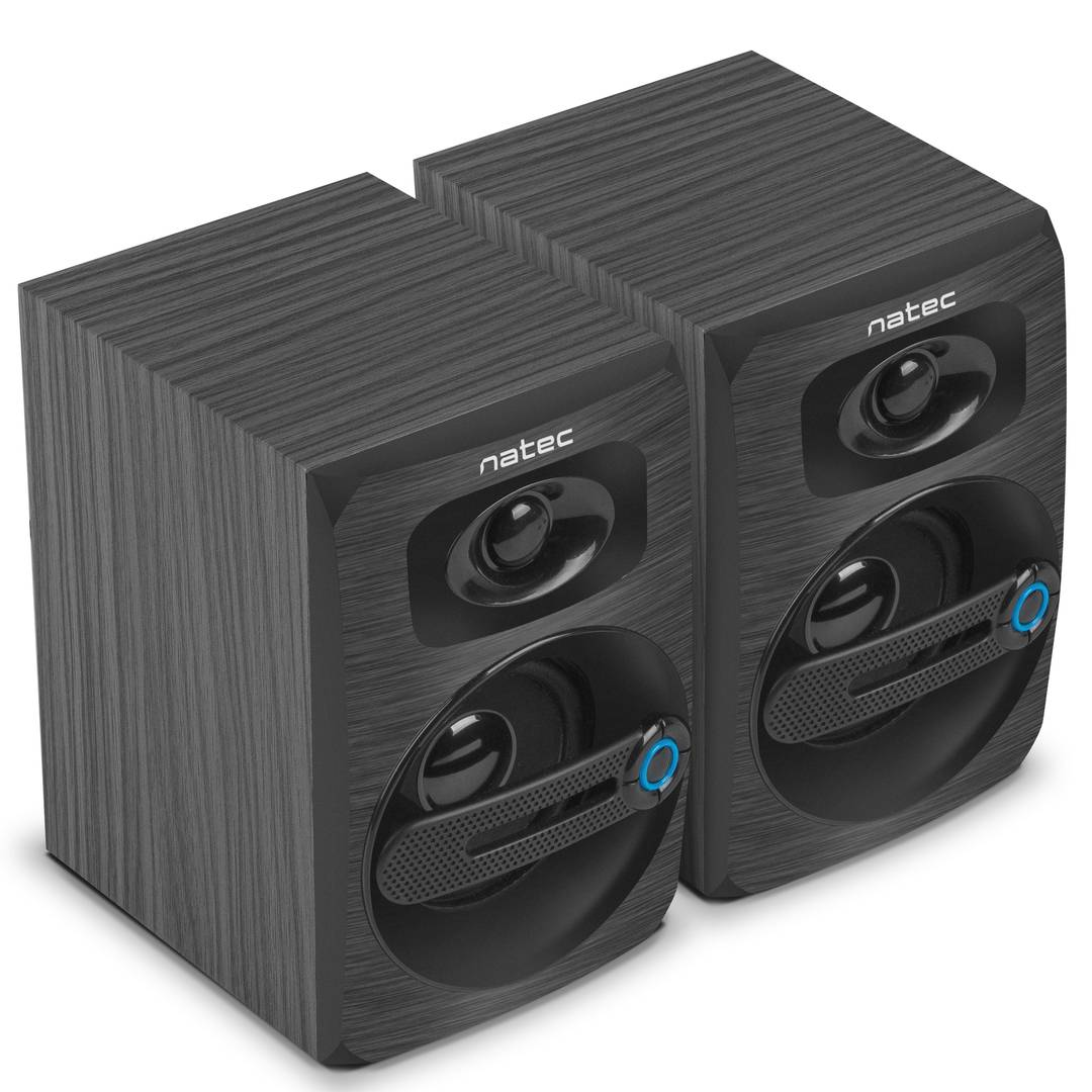 Due altoparlanti grigi Natec con texture a grana di legno e accenti blu, posizionati su una superficie bianca.