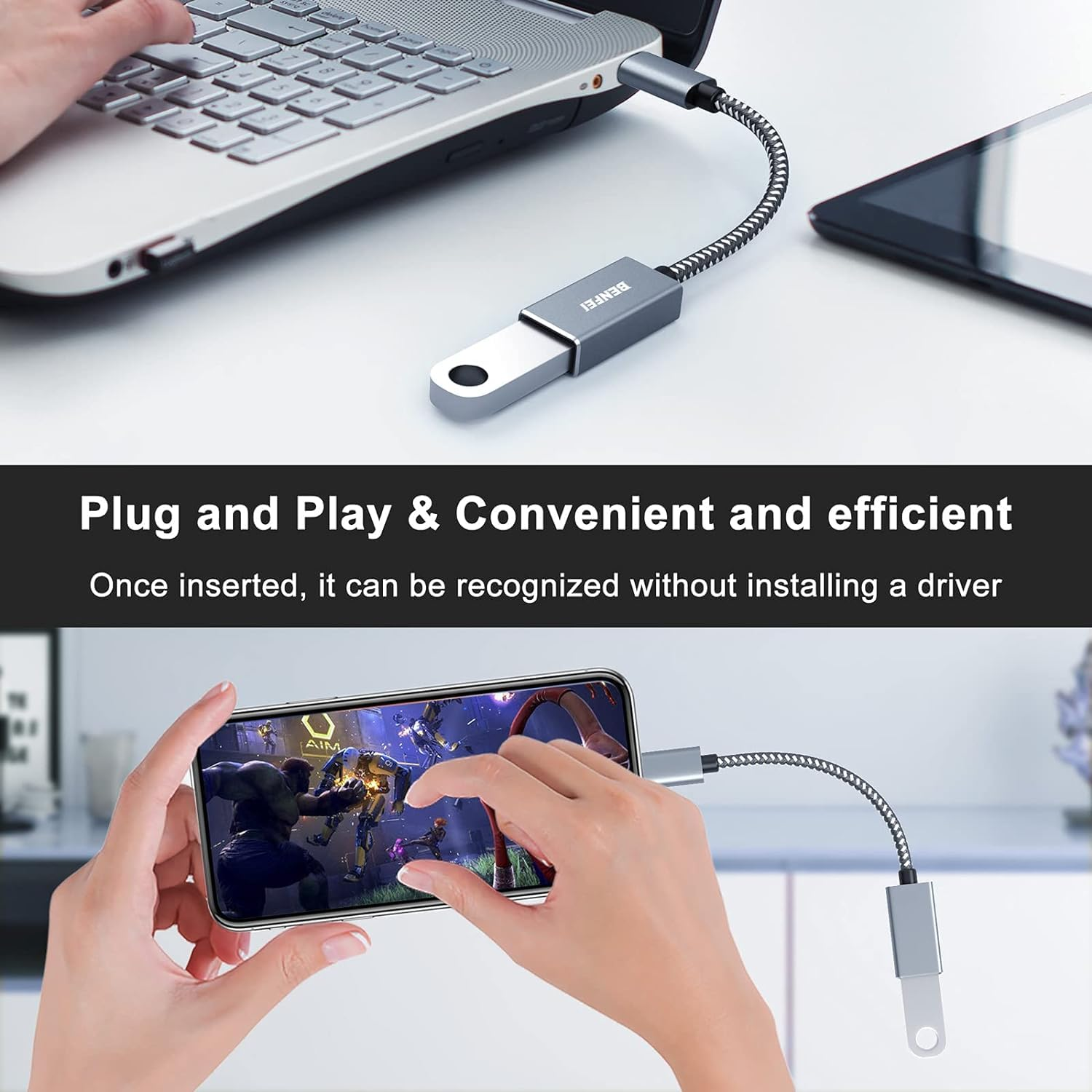 Bild, das einen USB-Adapter zeigt, der ein Telefon mit einem Laptop verbindet.