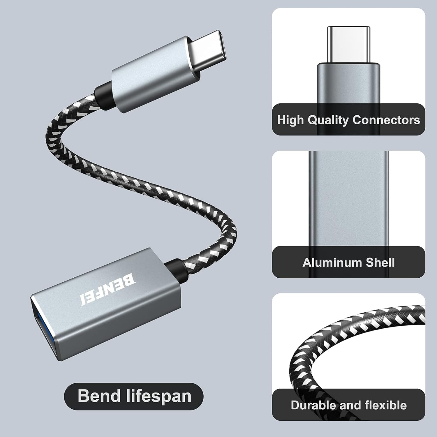 Ein silberner USB-Adapter mit geflochtenem Kabel und Text, der seine Funktionen hervorhebt.