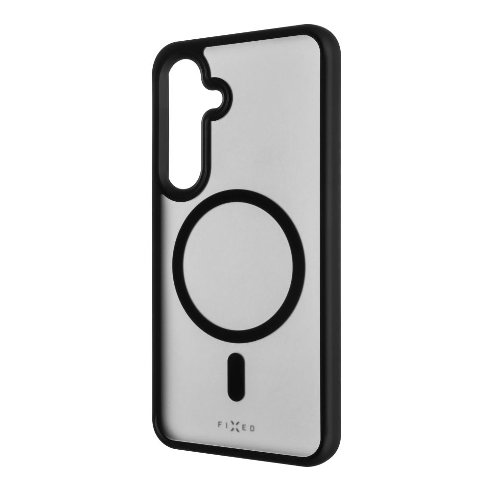 Transparente Handyhülle mit schwarzem Rand und kreisförmigem Ausschnitt zur magnetischen Befestigung.