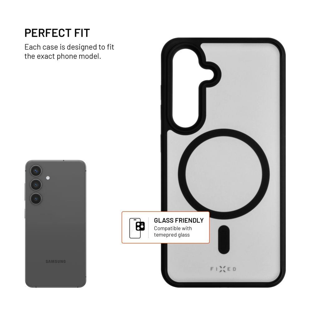 Transparente Handyhülle mit schwarzem Rand und Magnetring neben einem Samsung-Handy und dem Text "Glasfreundlich".