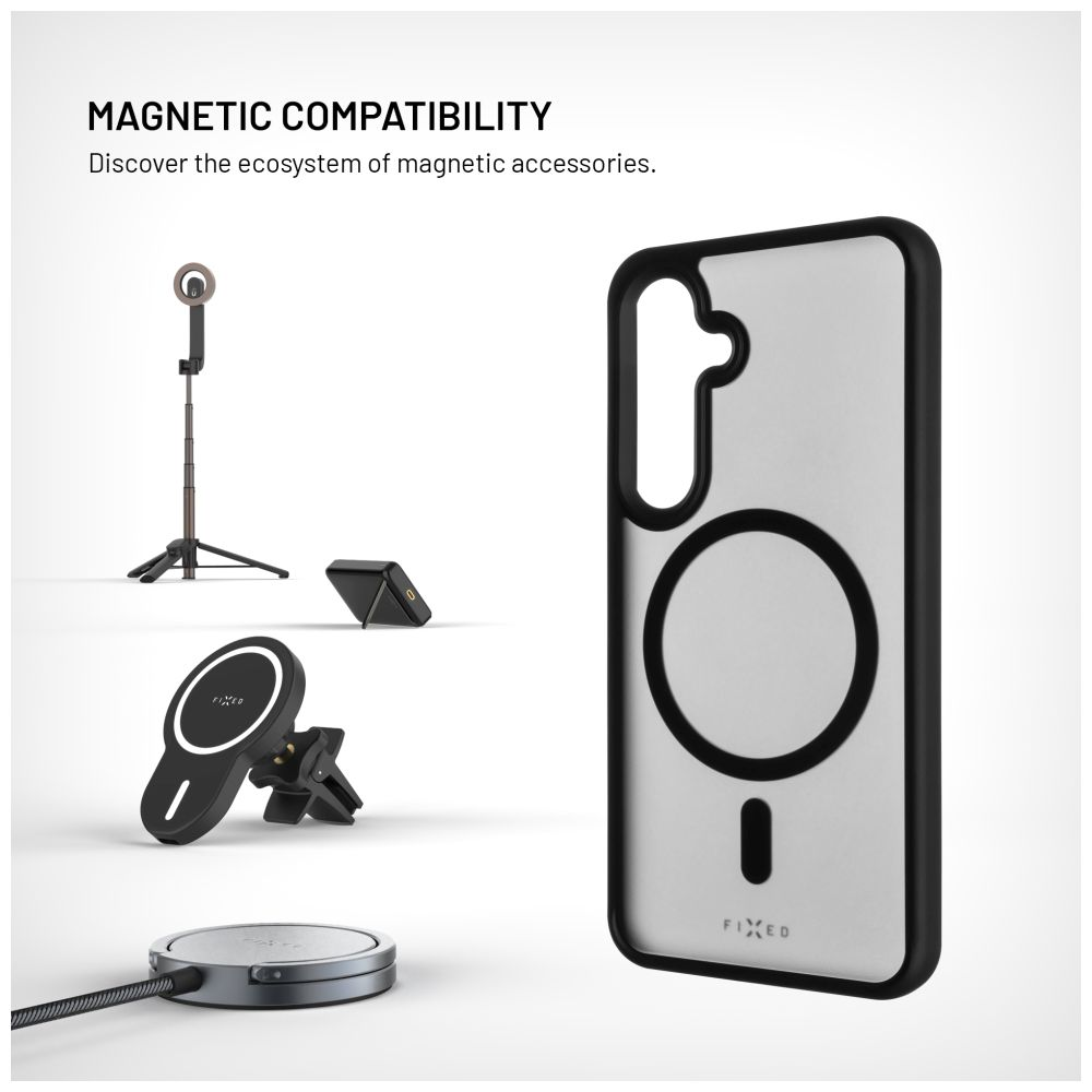 Transparente Handyhülle mit schwarzem Rand und Magnetring mit verschiedenen Zubehörteilen und dem Text "Magnetic Compatibility".
