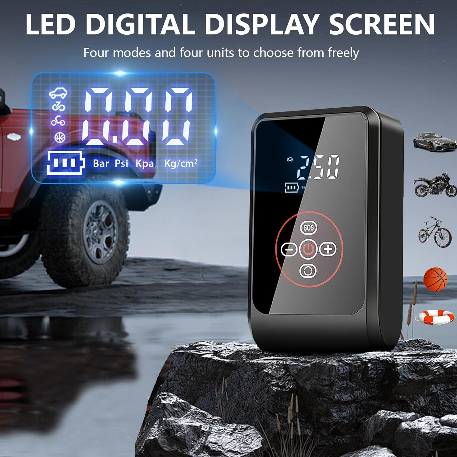 Schwarze Luftpumpe mit digitaler Anzeige auf einem Felsen. Auto, Motorrad, Fahrrad, Ball und Schwimmhilfe abgebildet.