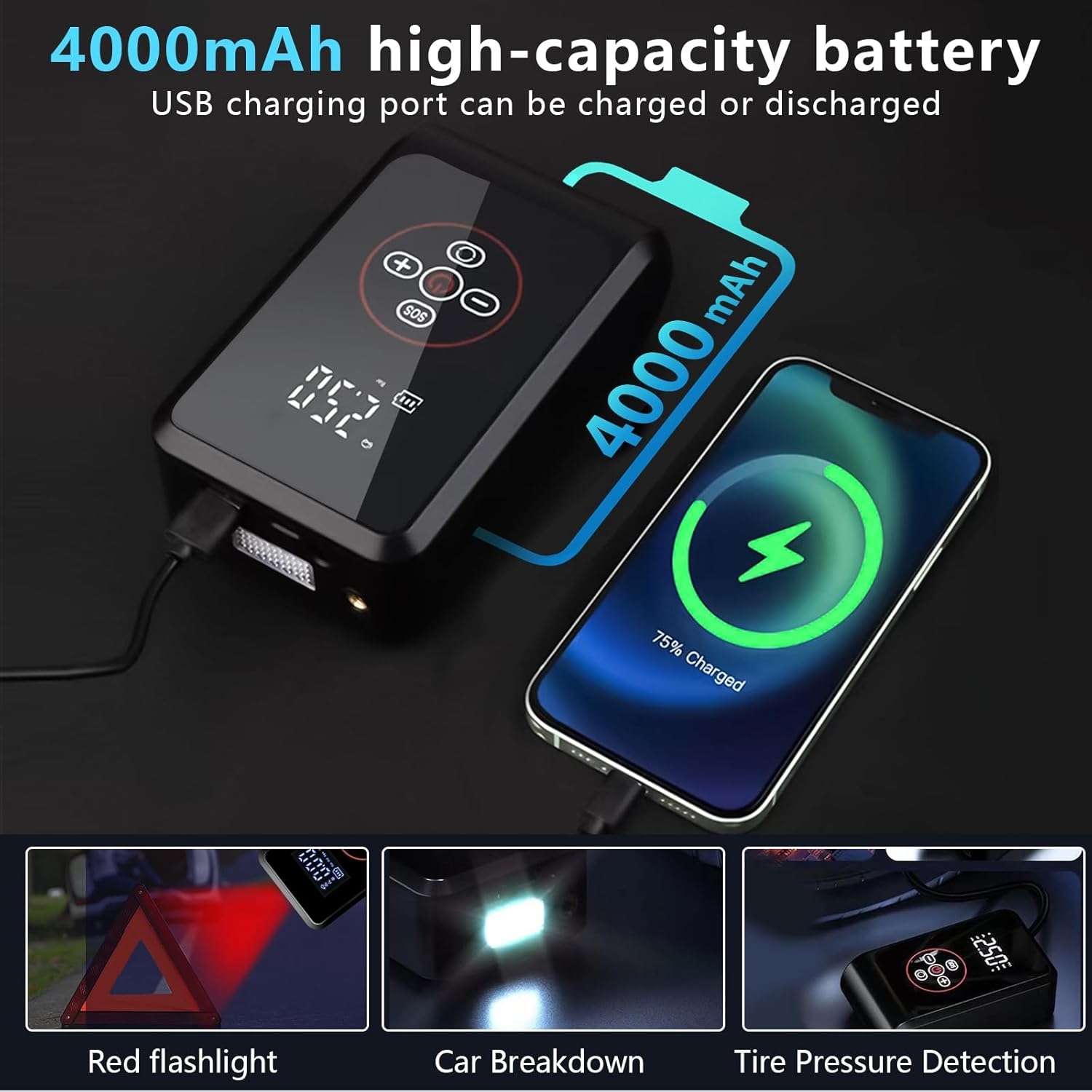 Schwarze Luftpumpe mit digitaler Anzeige lädt ein Smartphone auf. Text sagt 4000mAh Hochleistungsakku.