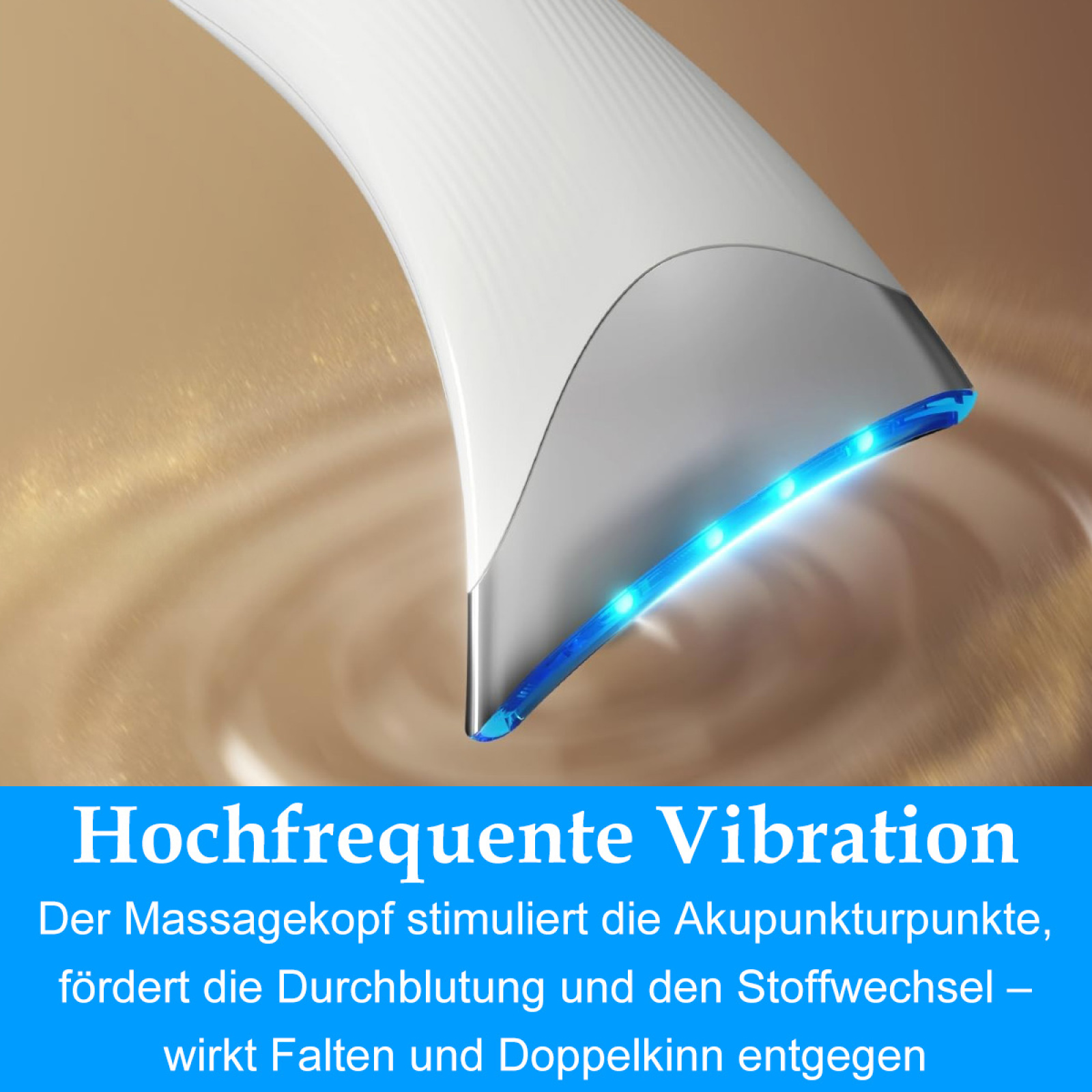 Nahaufnahme eines weißen und silbernen Gesichtsgeräts mit blauen LED-Leuchten.