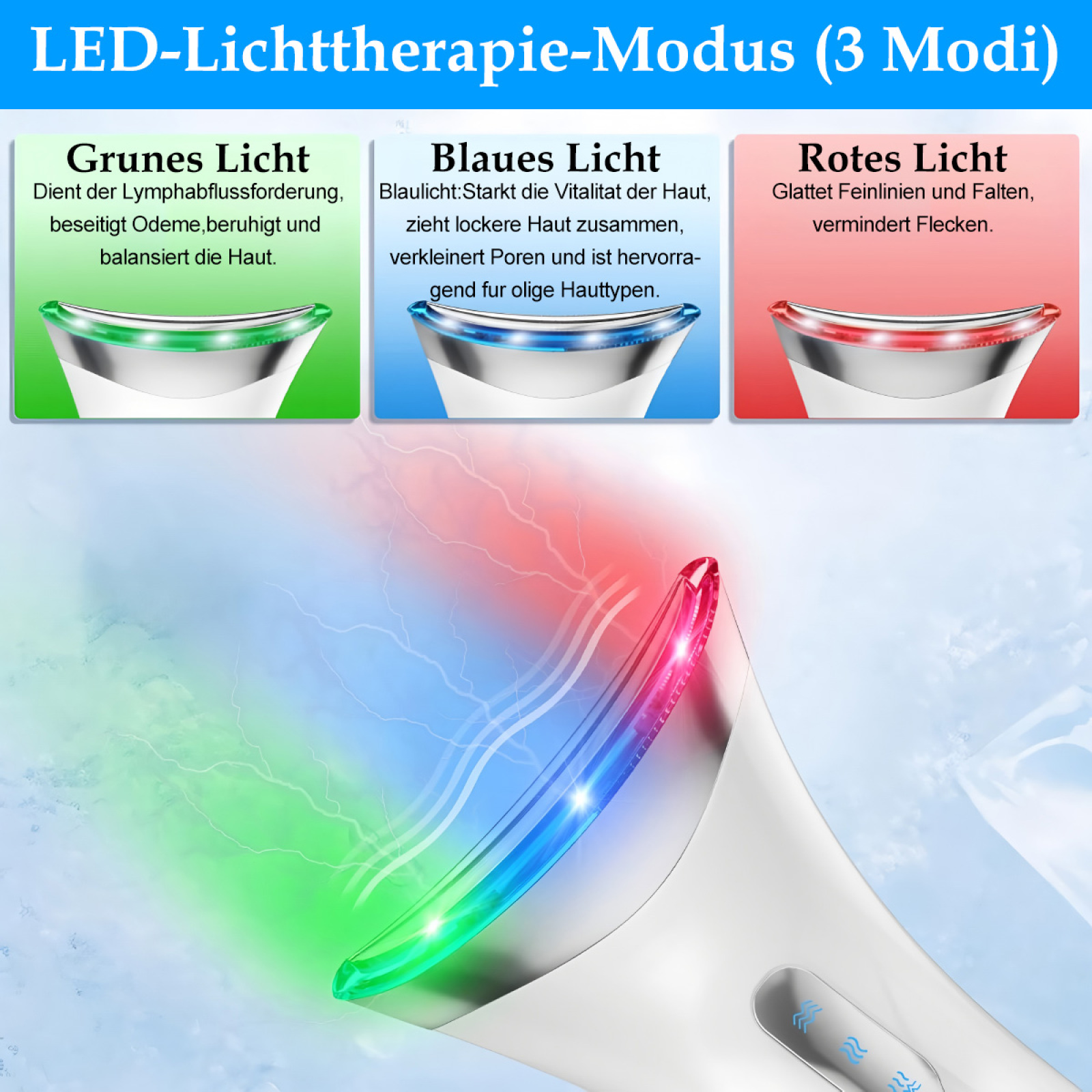 Weißes Gesichtsgerät, das grüne, blaue und rote LED-Lichttherapie-Modi demonstriert.