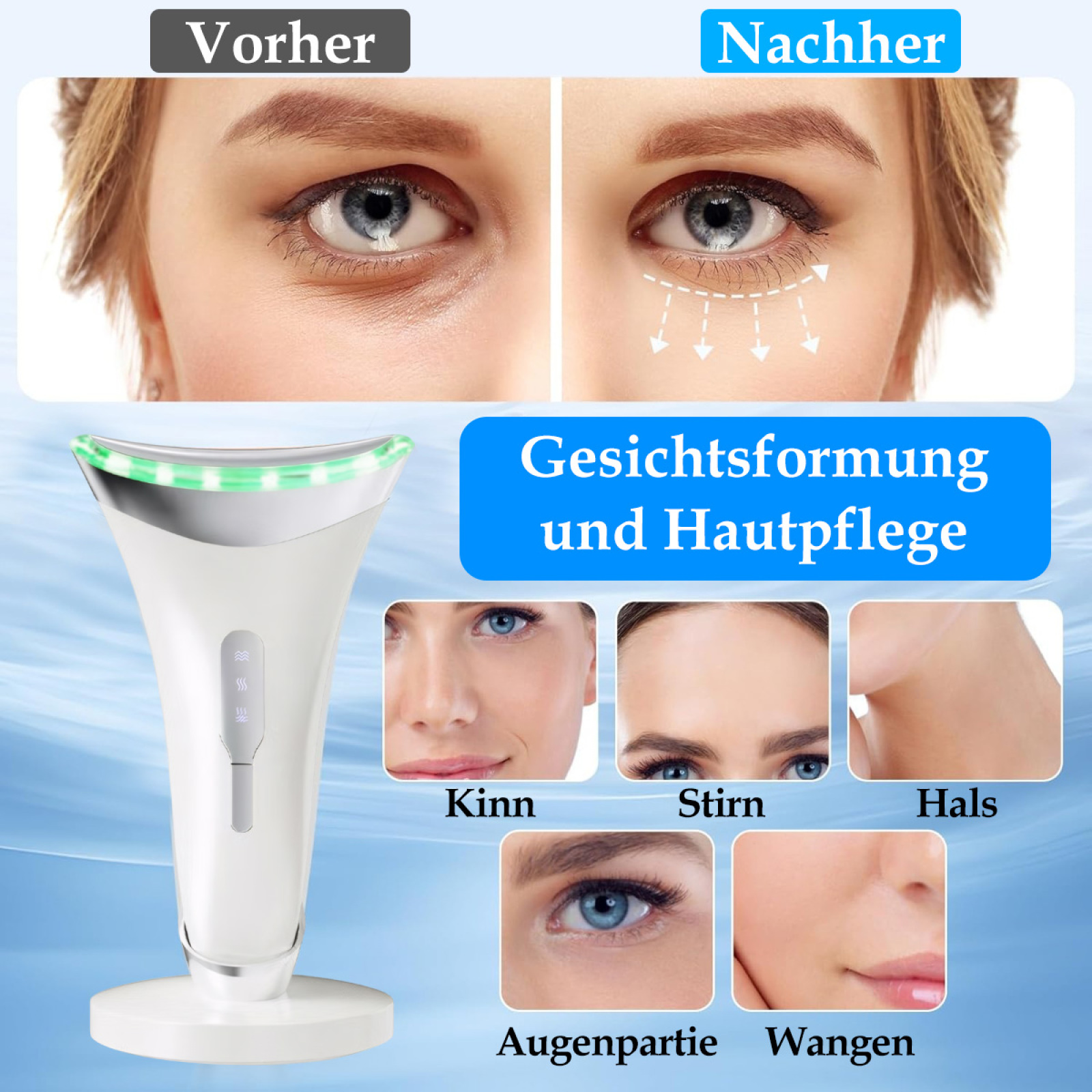 Weißes Gesichtsgerät mit grünen LED-Leuchten und Bildern von Gesichtsbereichen.