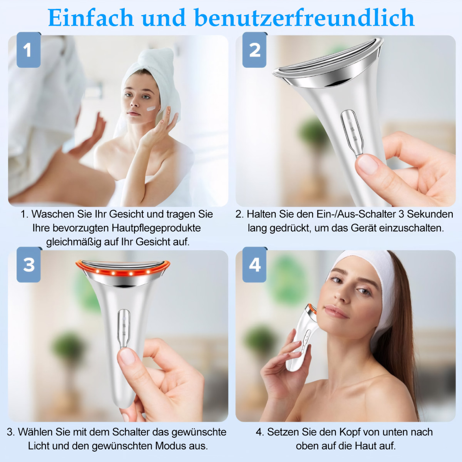 Anleitung zur Verwendung eines weißen Gesichtsgeräts mit LED-Leuchten, mit Bildern.