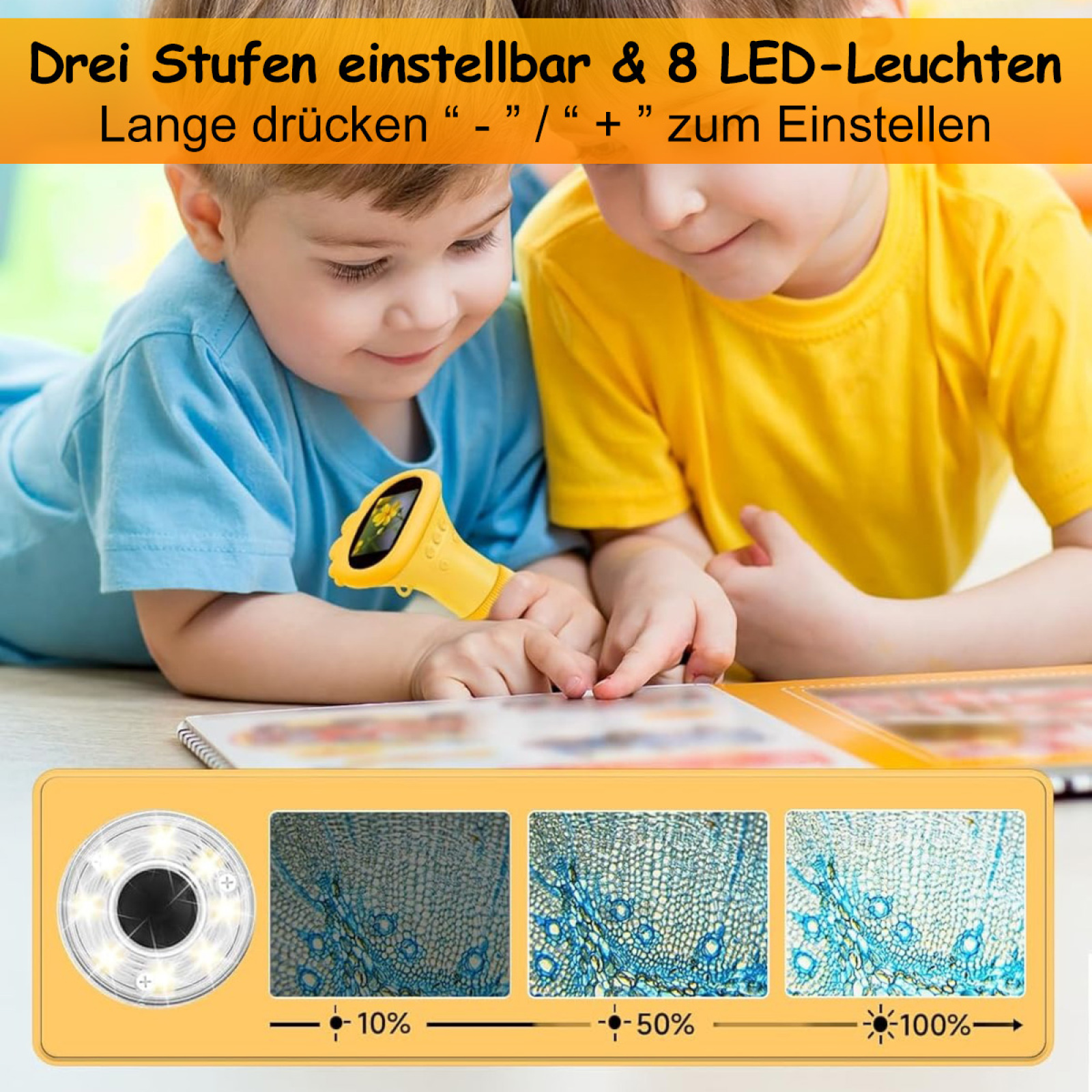 Das Bild zeigt zwei Kinder, die auf einem weißen Hintergrund ein gelbes Mikroskop betrachten.
