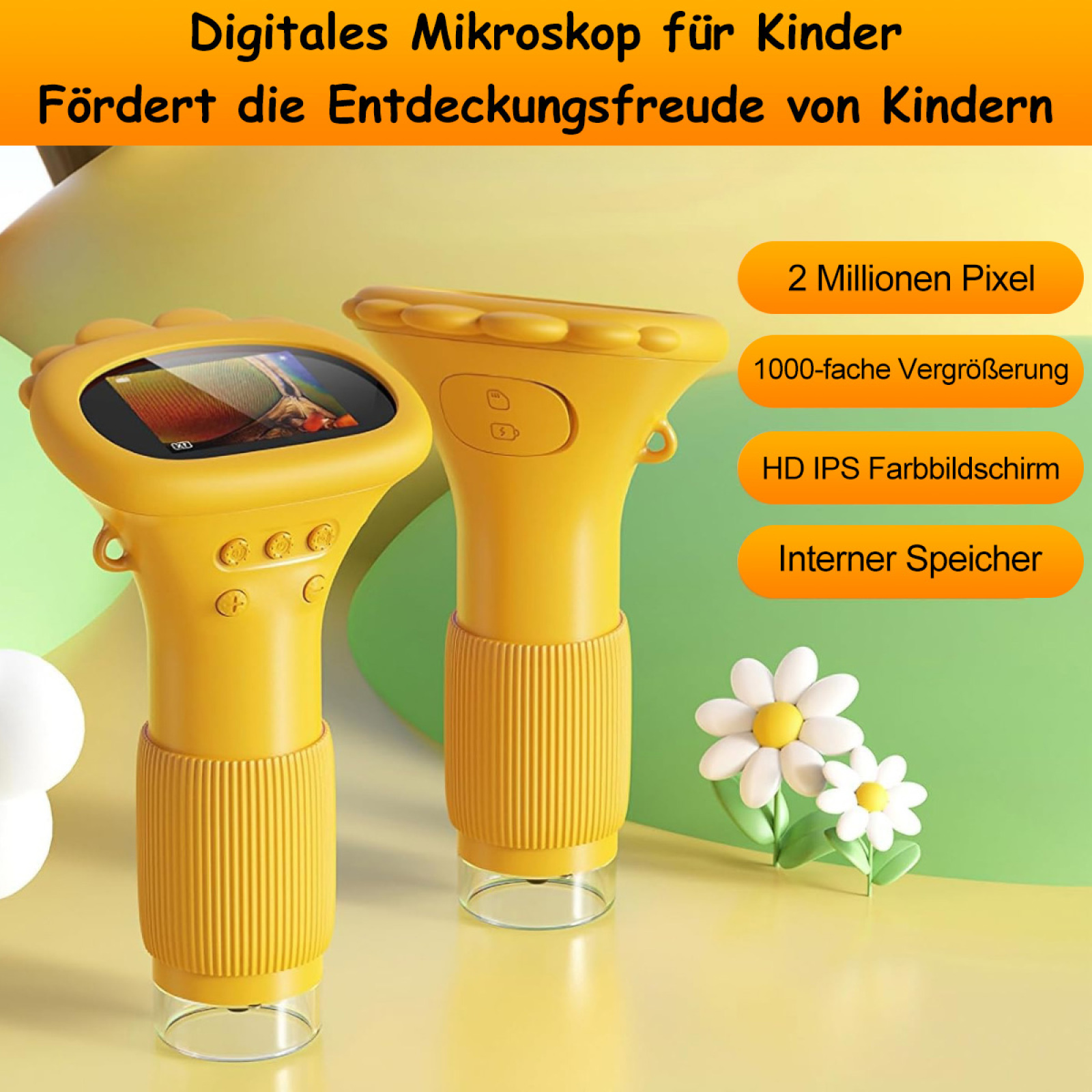 Das Bild zeigt zwei gelbe Mikroskope auf einem weißen Hintergrund.