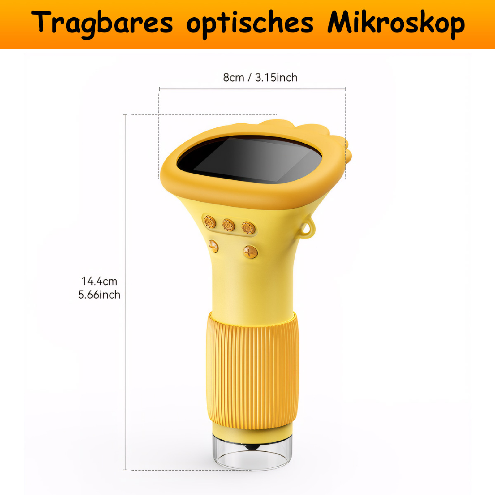 Das Bild zeigt ein gelbes Mikroskop mit Messungen auf einem weißen Hintergrund.