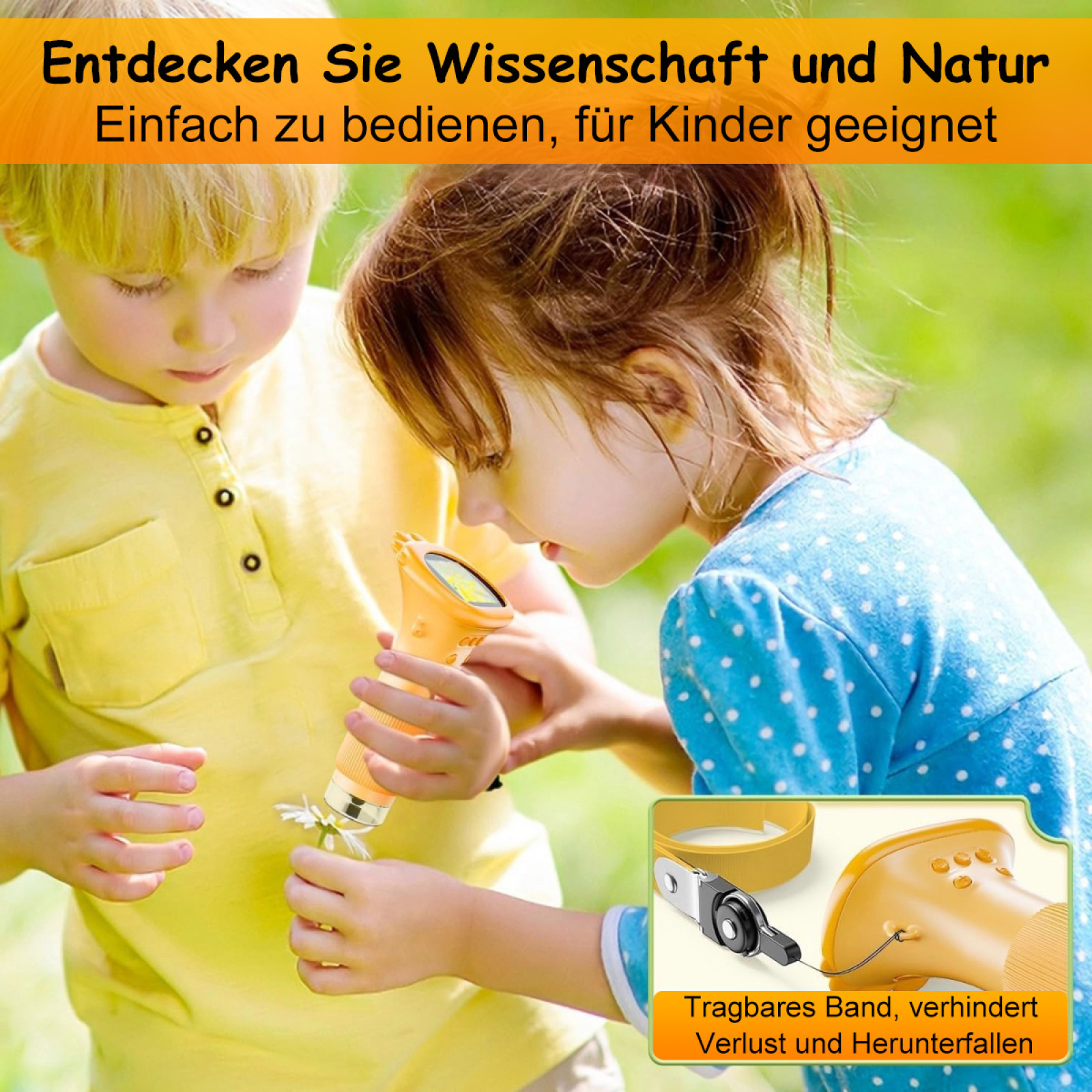 Das Bild zeigt zwei Kinder, die auf einem weißen Hintergrund ein gelbes Mikroskop betrachten.