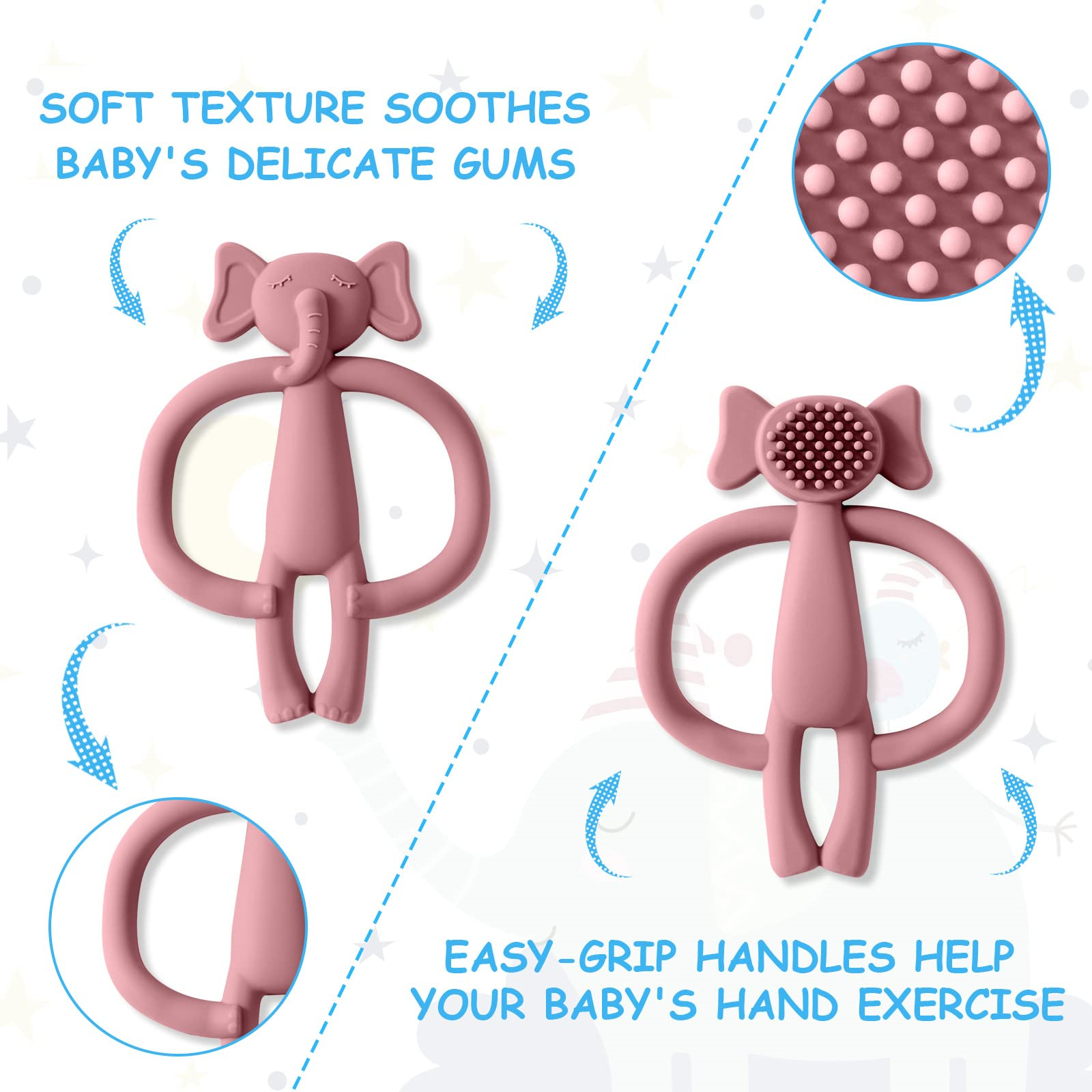 Zwei rosafarbene Babyspielzeuge in Elefantenform mit strukturierten Oberflächen, dargestellt mit Pfeilen, die Griff- und Texturdetails anzeigen.