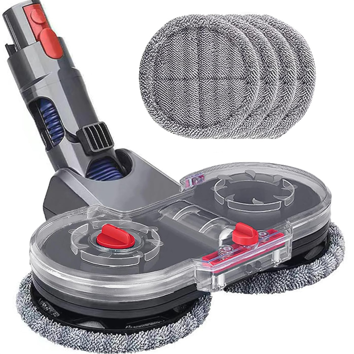 Ein grauer und durchsichtiger Moppaufsatz mit zwei grauen Mopppads wird mit zusätzlichen Mopppads darüber angezeigt.