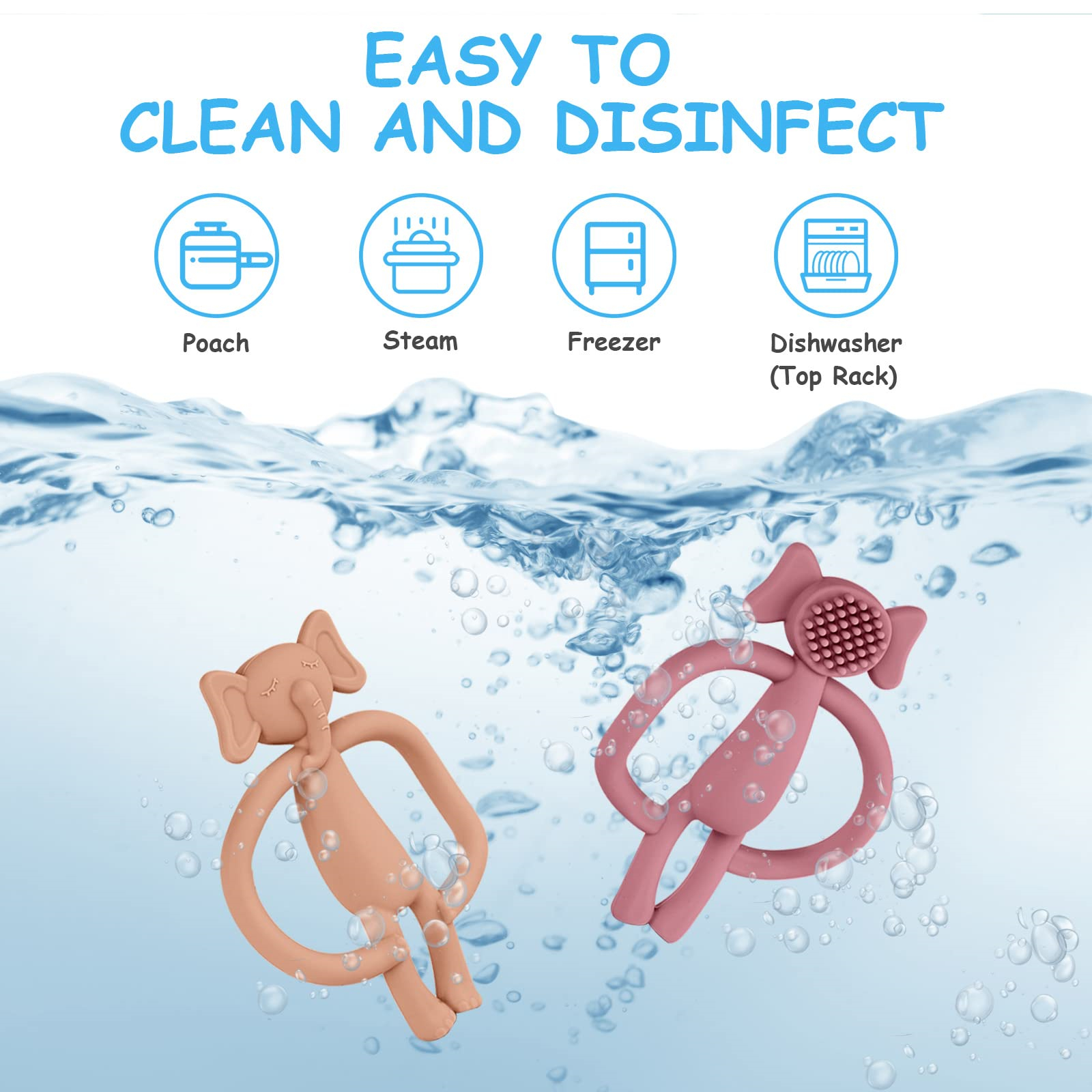 Ein pfirsichfarbener und ein rosa Elefant-Beißring sind in Wasser getaucht, was darauf hindeutet, dass sie leicht zu reinigen sind.