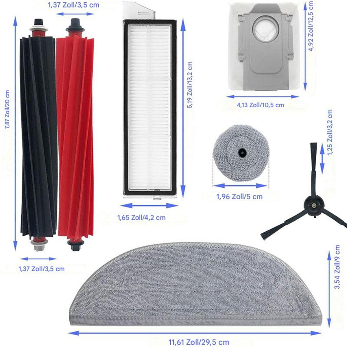 Das Bild zeigt die Größen von Staubsaugerteilen in Zentimetern: Rollen, Filter, Staubbeutel, Mopppad und kleine Reinigungsbürste.