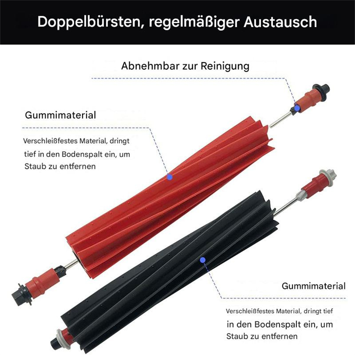 Nahaufnahme von roten und schwarzen Gummi-Bürstenwalzen für Staubsauger mit Textanmerkungen auf Deutsch.